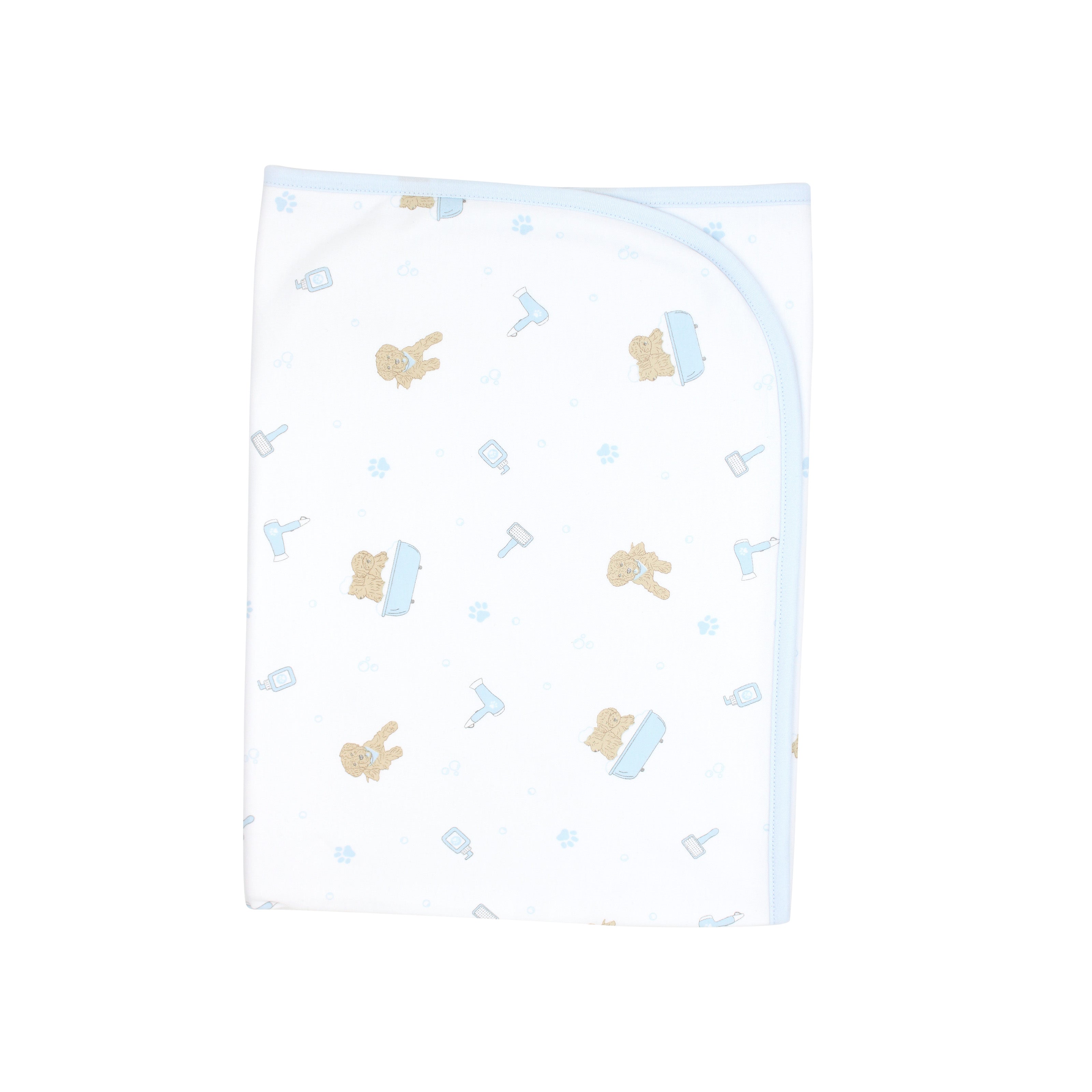 Baby boy blanket in Peruvian Pima cotton with charming blue “Pet Spa” print — soft and breathable for cozy naps and stroller rides.