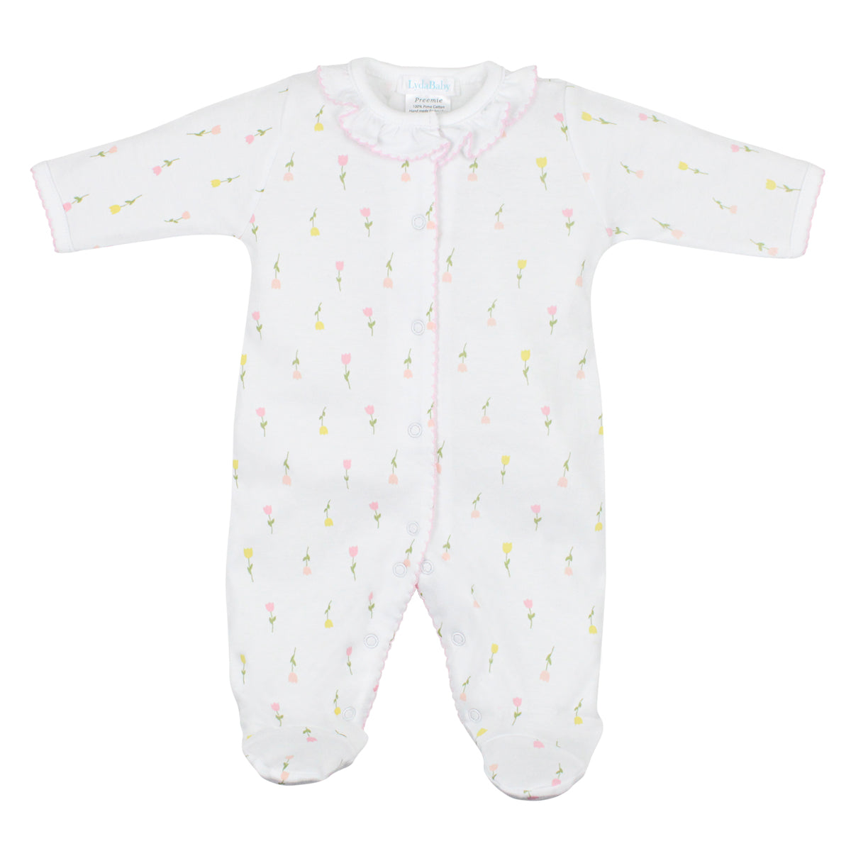 White Pima Cotton Footie for Baby Girl w Tulip Flowers Print