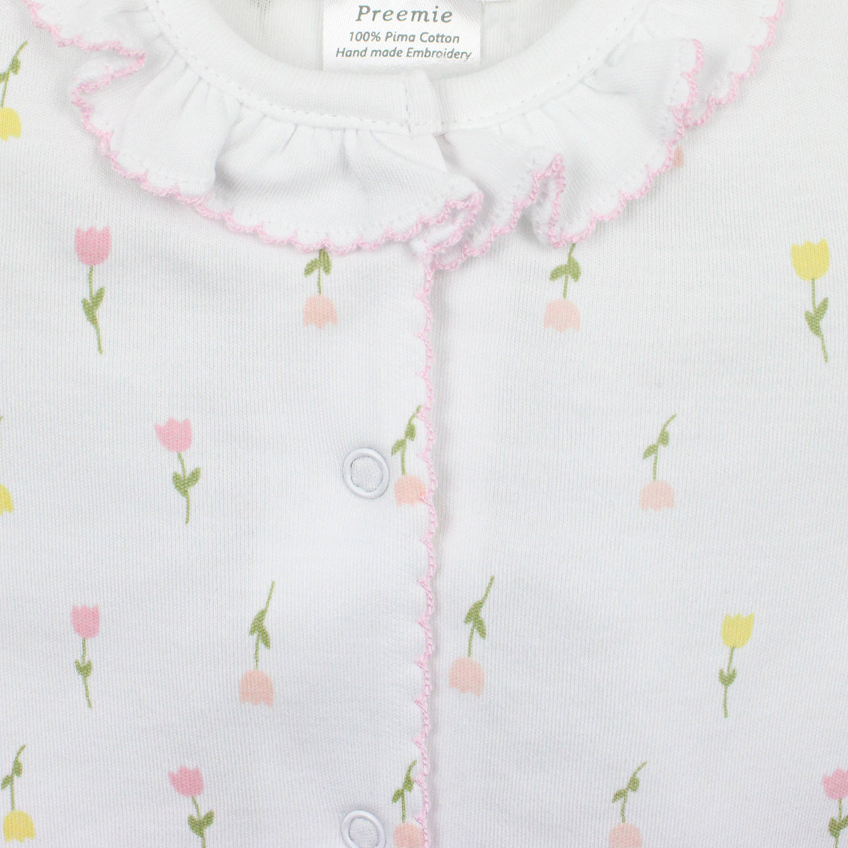 White Pima Cotton Footie for Baby Girl w Tulip Flowers Print - zoomed in
