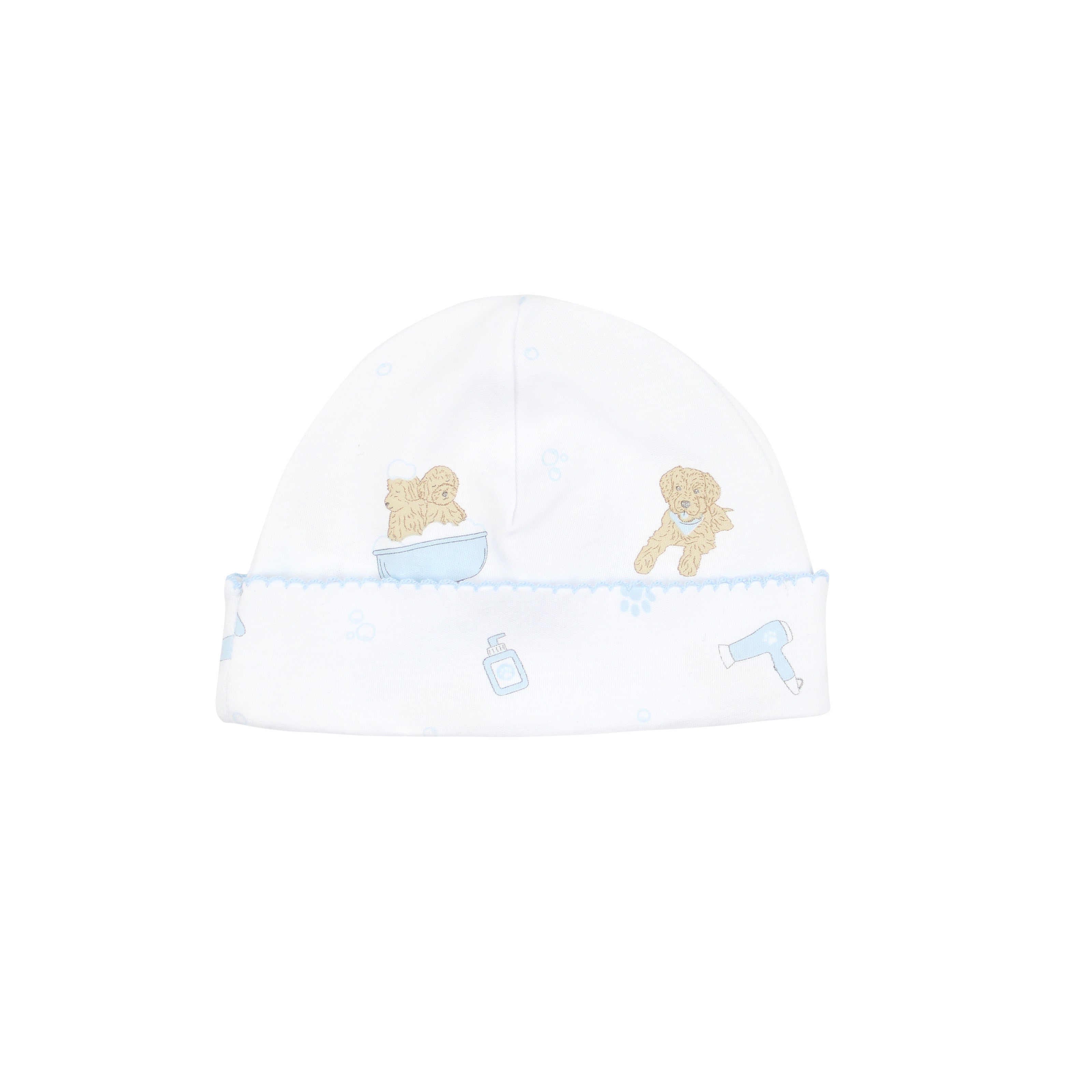 Baby boy hat in Peruvian Pima cotton with blue “Pet Spa” print — lightweight, stretchy, and ideal for protecting delicate skin.
