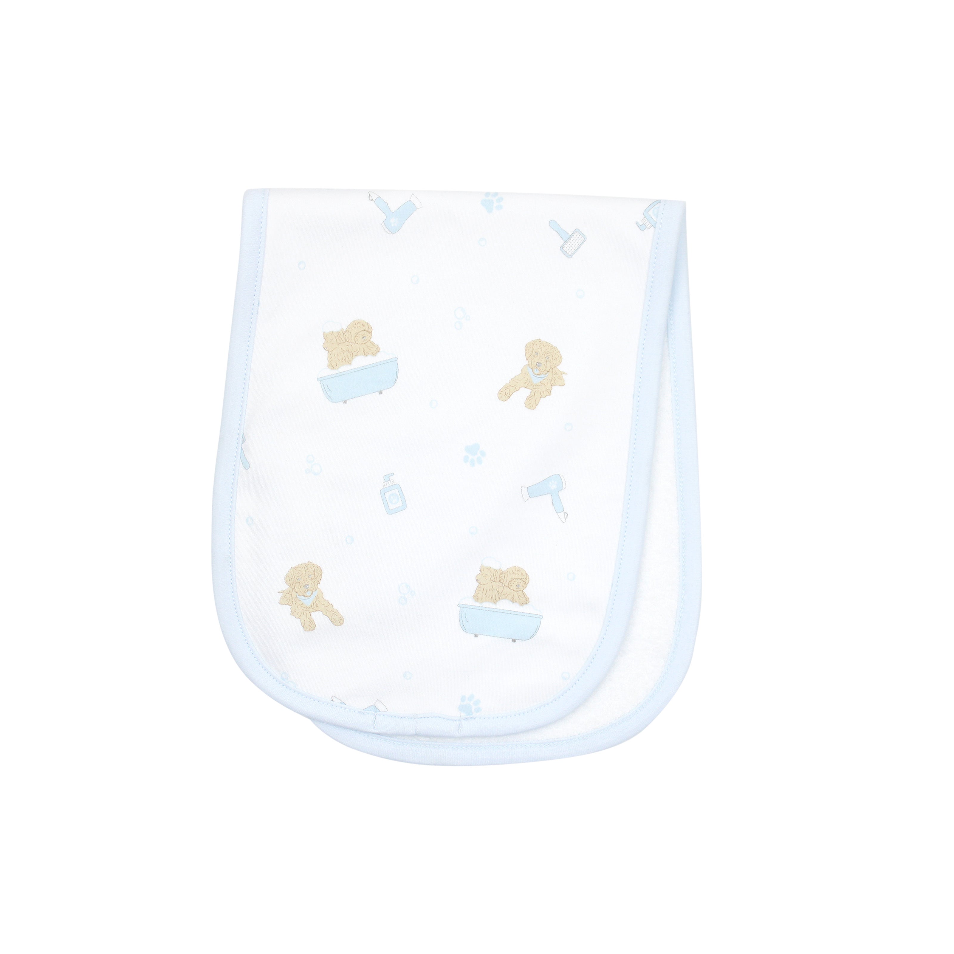 Baby boy burp cloth in blue “Pet Spa” printed Peruvian Pima cotton — gentle, absorbent, and ideal for clean cuddles.