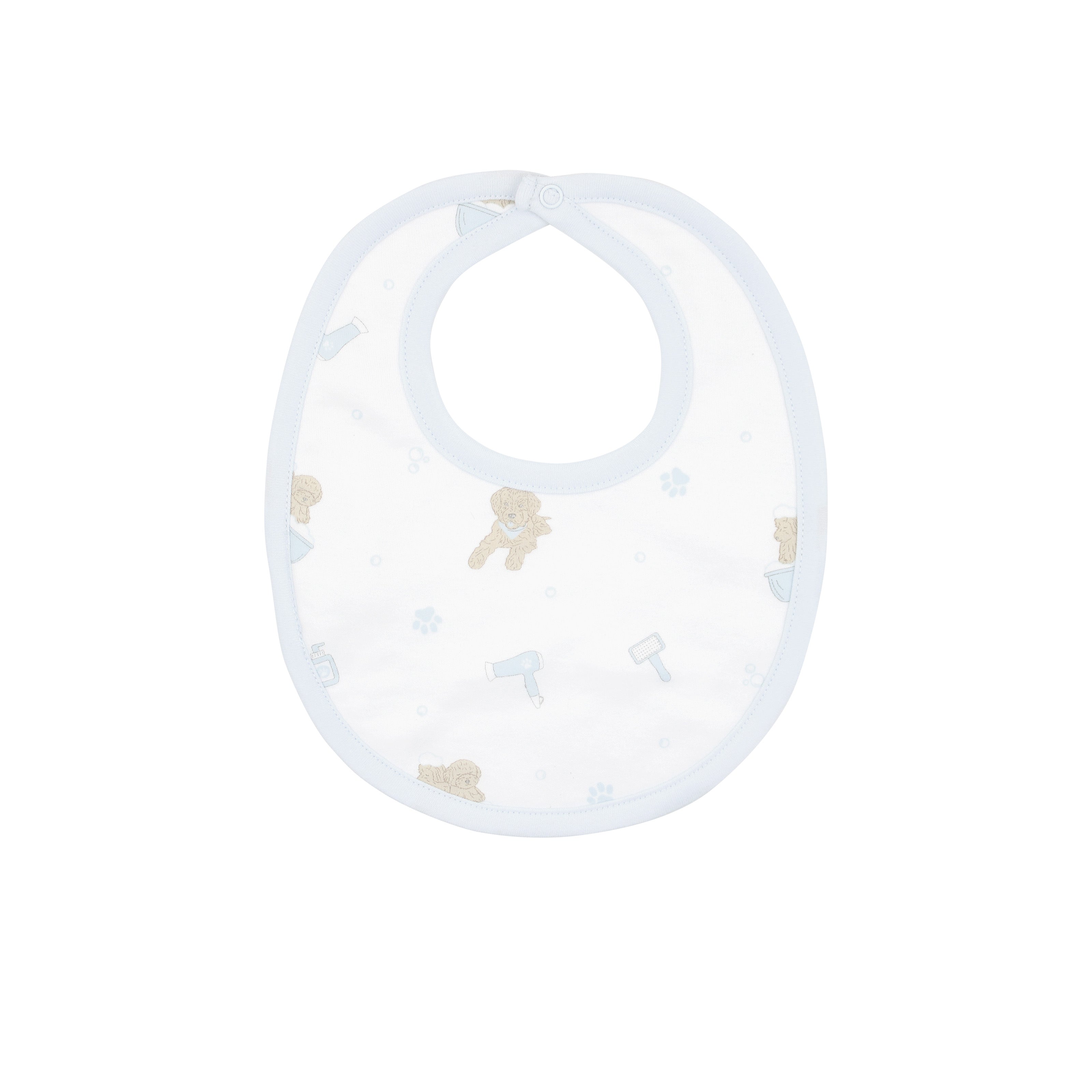 Peruvian Pima cotton baby boy bib with blue “Pet Spa” print — soft, absorbent, and perfect for everyday feeding.