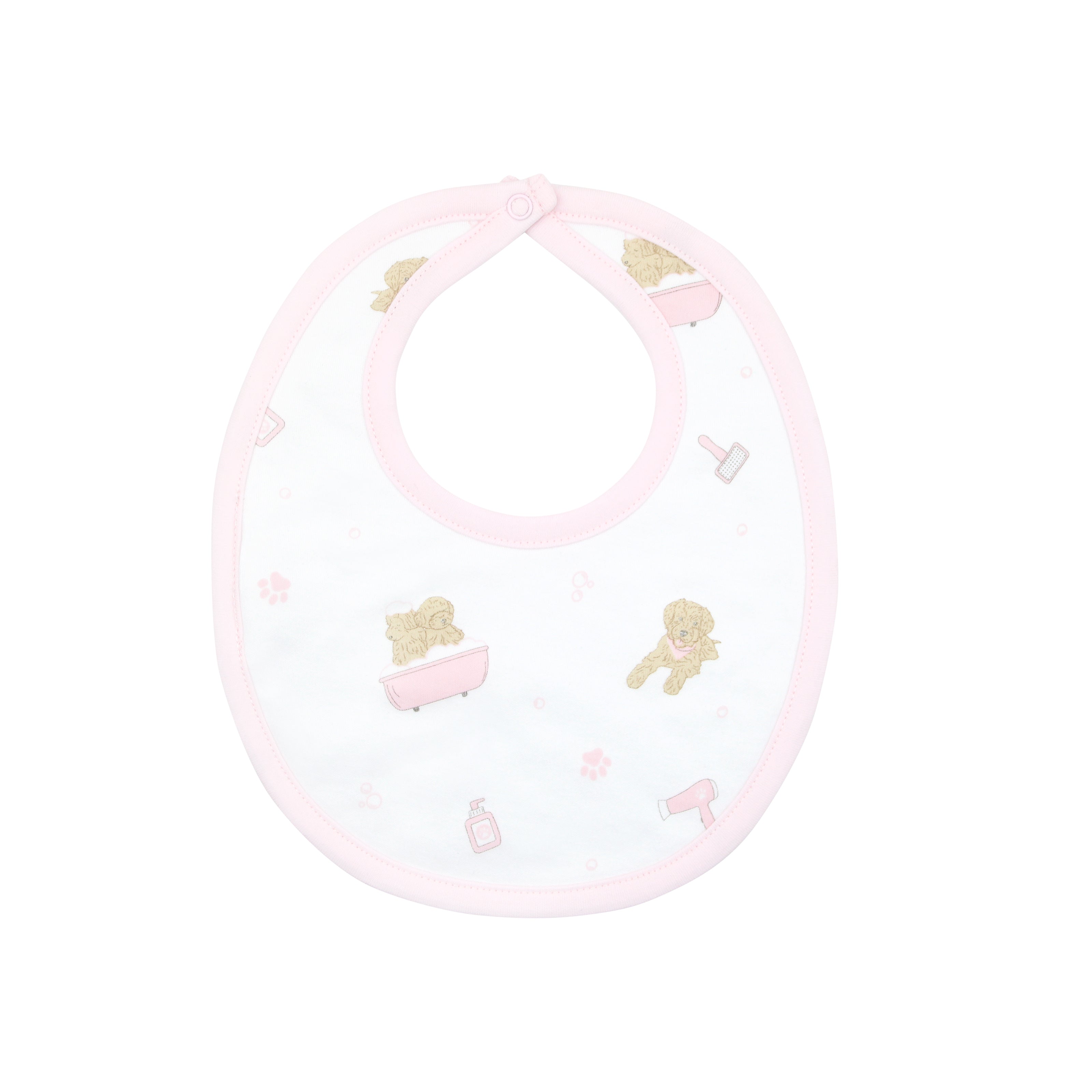 Baby bib in Pima cotton with pet spa motif — soft on baby’s skin and stylish for mealtime.