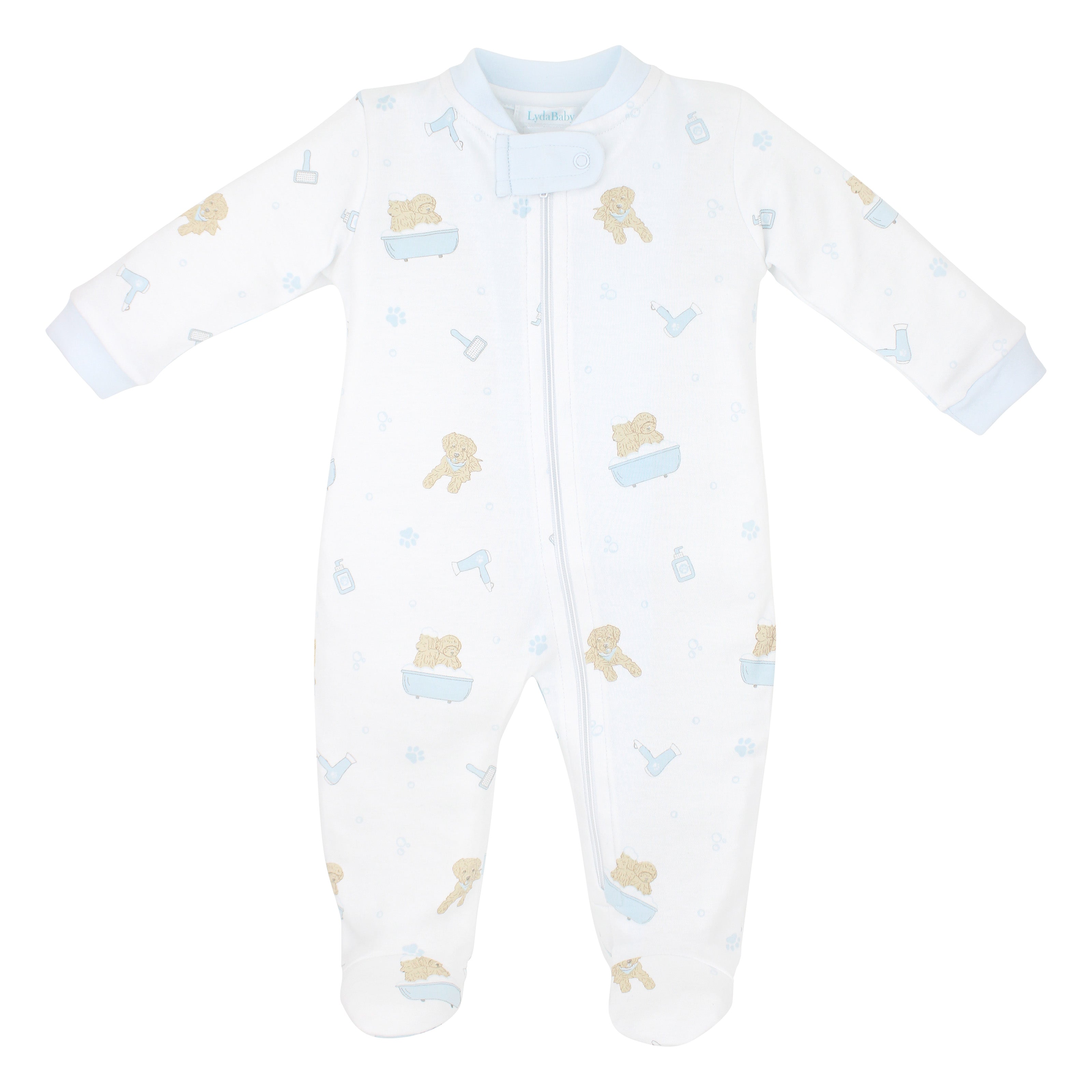 Baby boy footie in Peruvian Pima cotton with blue “Pet Spa” print — ultra-soft, breathable, and perfect for day or night comfort.