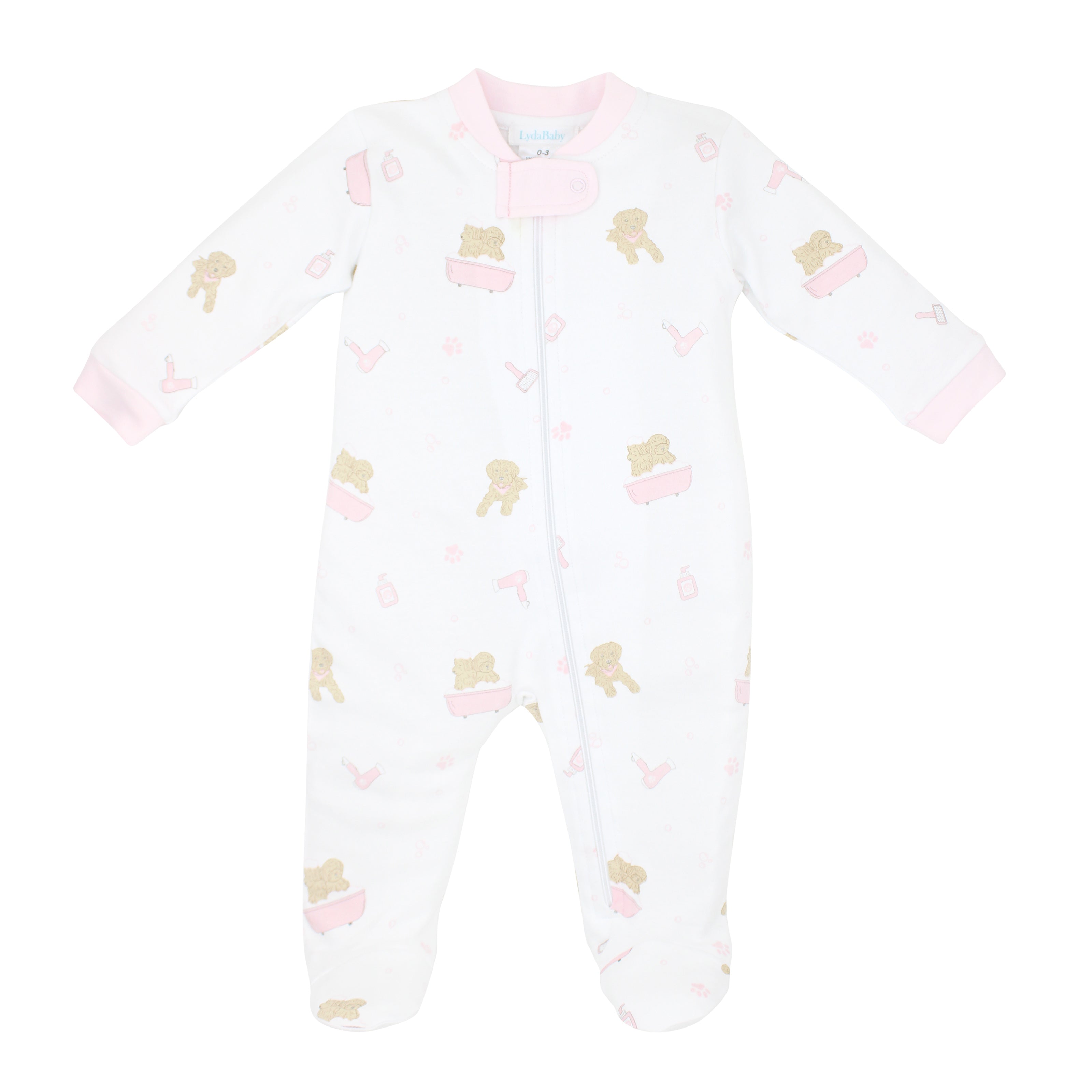 Baby boy footie in ultra-soft Peruvian Pima cotton with playful "Pet Spa" print — cozy and gentle for sleep or play.