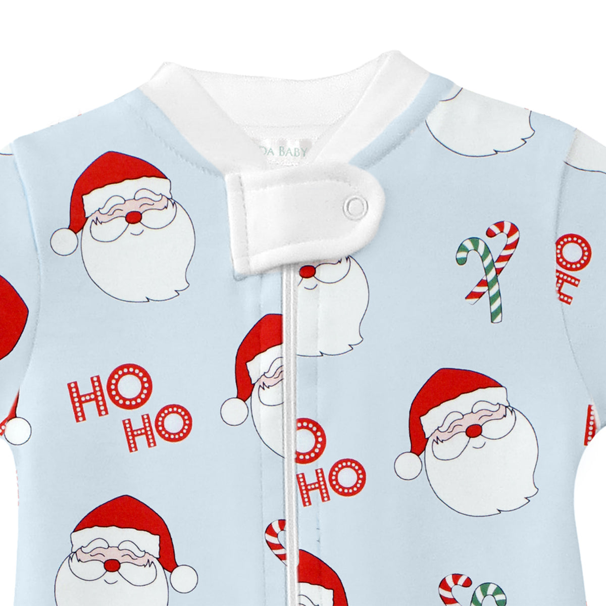Celeste baby zipper pajama with white sleeves and collar, Santa Claus faces, Ho Ho lettering, and candy canes.