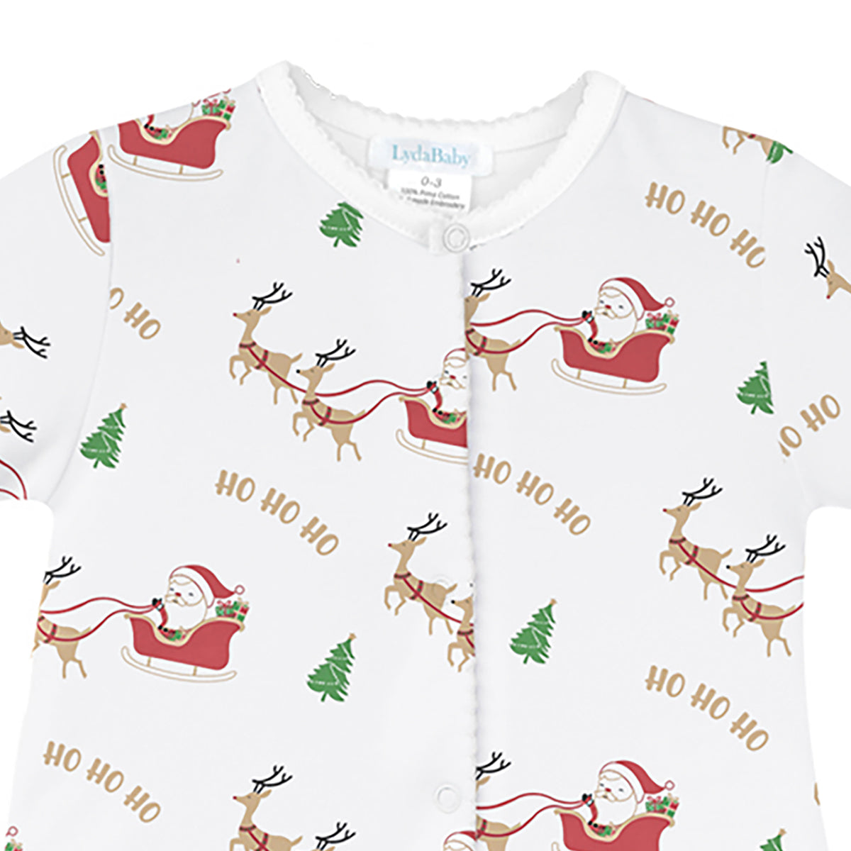 Unisex luxury Christmas footie in Peruvian Pima cotton with Santa Claus sleigh and reindeer print