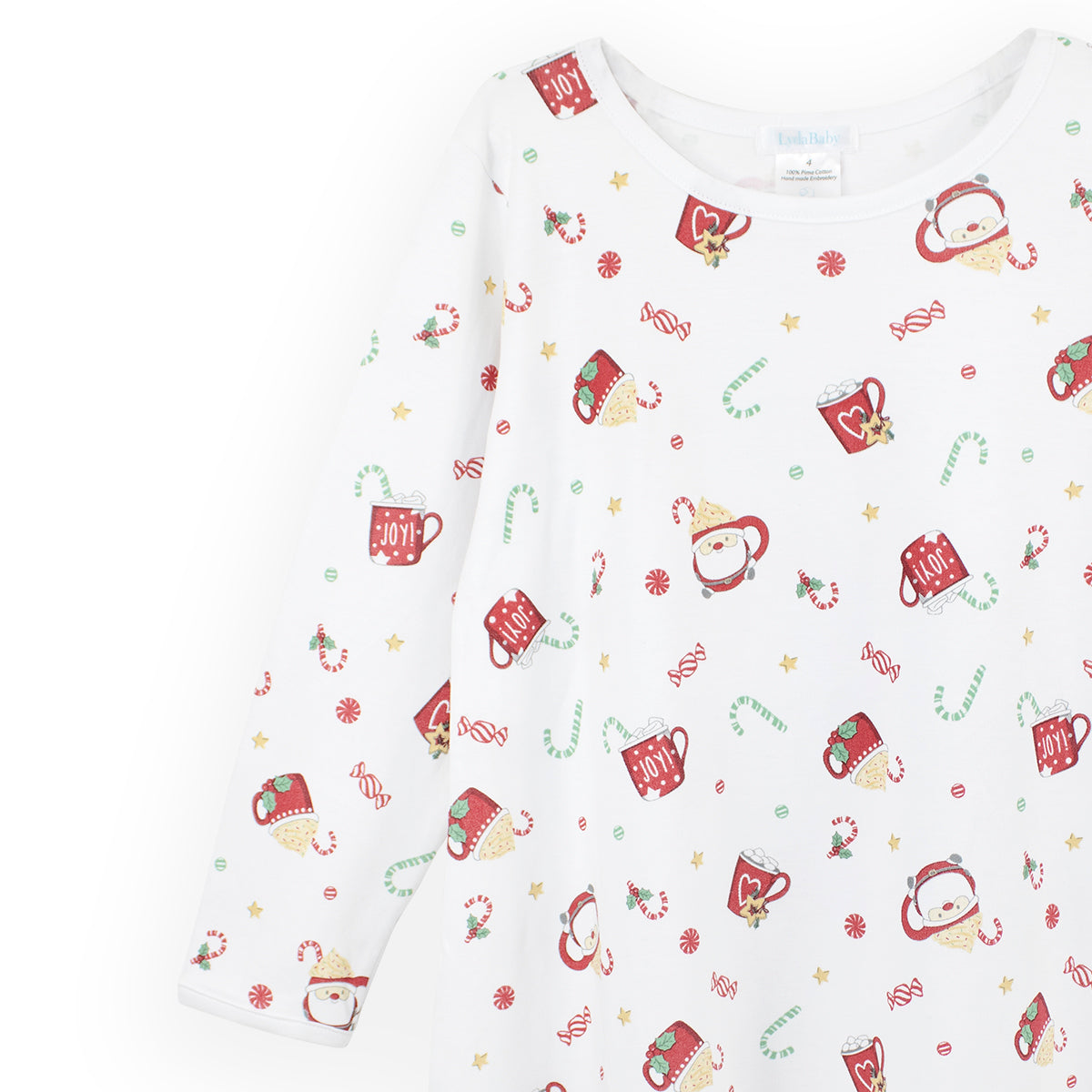 Luxury long-sleeve girl dress in Peruvian Pima cotton with Christmas mugs print
Description:
