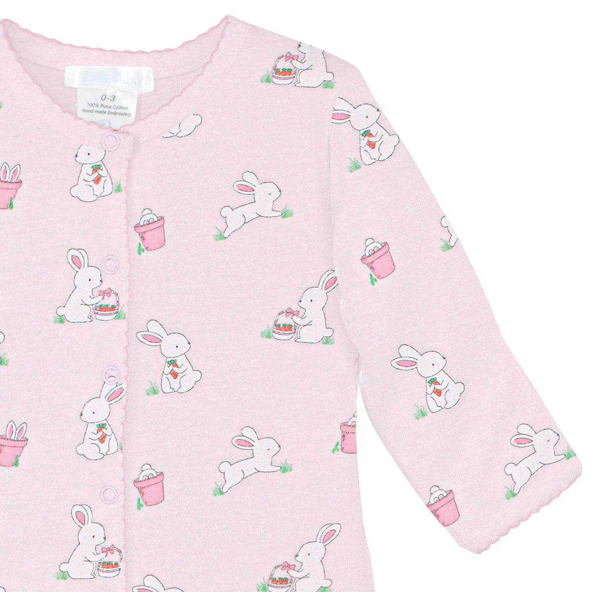 Soft Peruvian Pima cotton baby footie for girls featuring adorable Bunnies in the Garden print – breathable, hypoallergenic, and perfect for newborn skin.