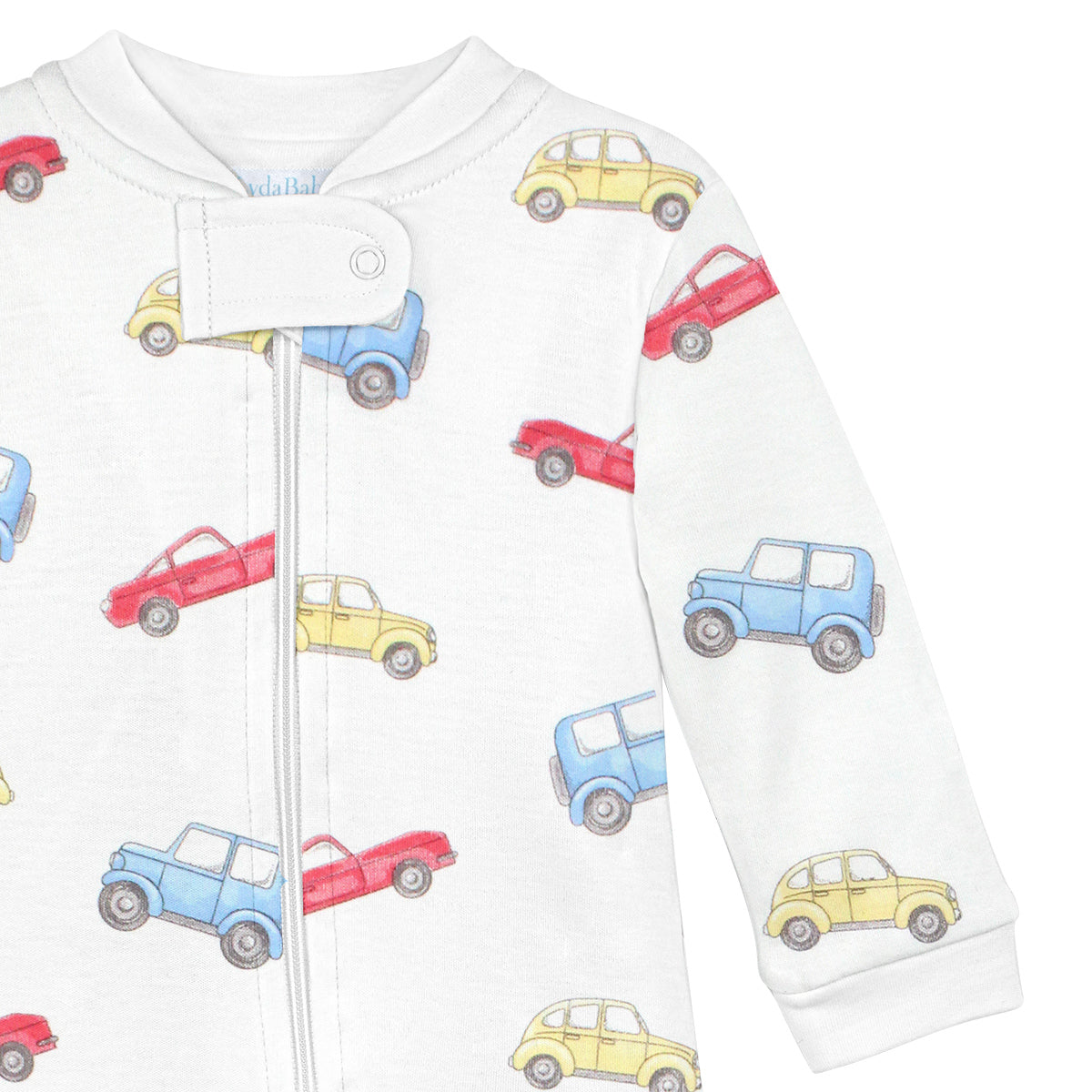 Stylish baby boy zipper with watercolor cars print on premium Peruvian Pima cotton — soft, breathable, and skin-friendly.