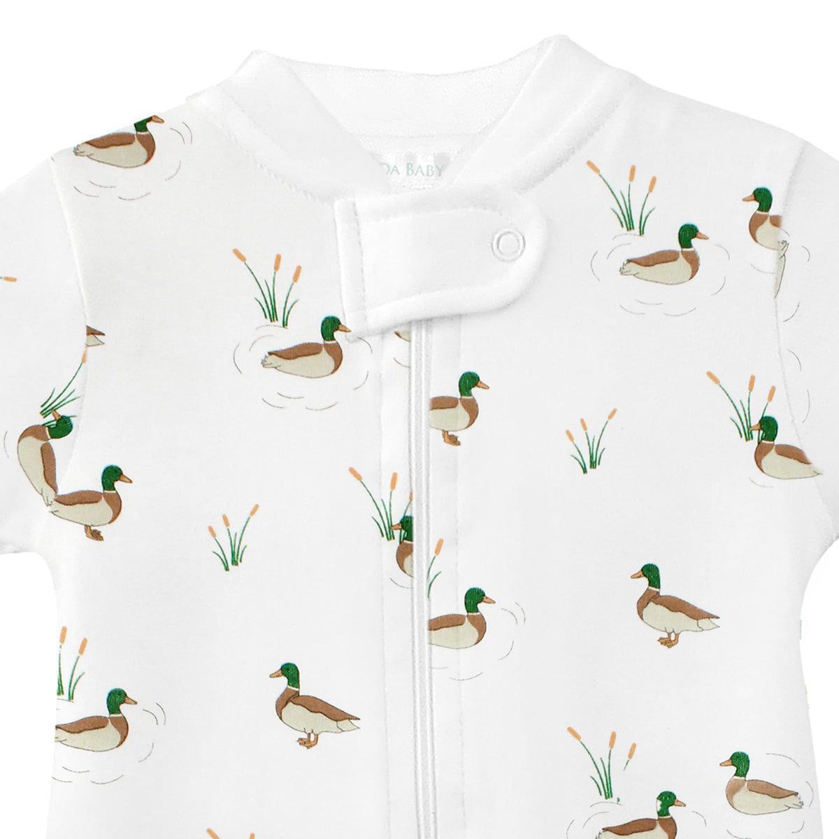 Cute baby boy zipper printed with mallard ducks on soft organic Peruvian Pima cotton — breathable, gentle, and perfect for sensitive skin.