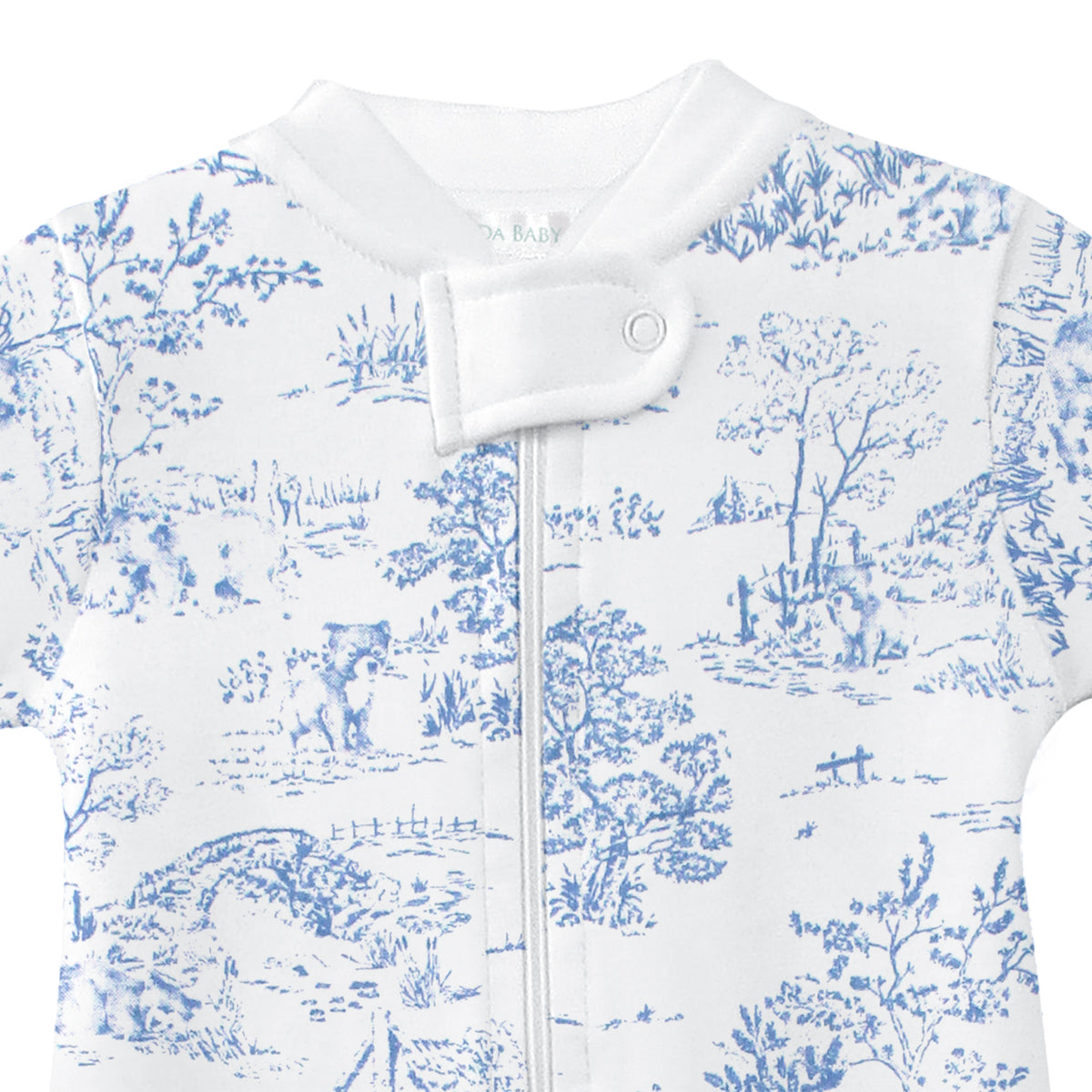 Classic baby girl zipper featuring toile de jouy print on soft organic Peruvian Pima cotton — breathable, gentle, and cozy.