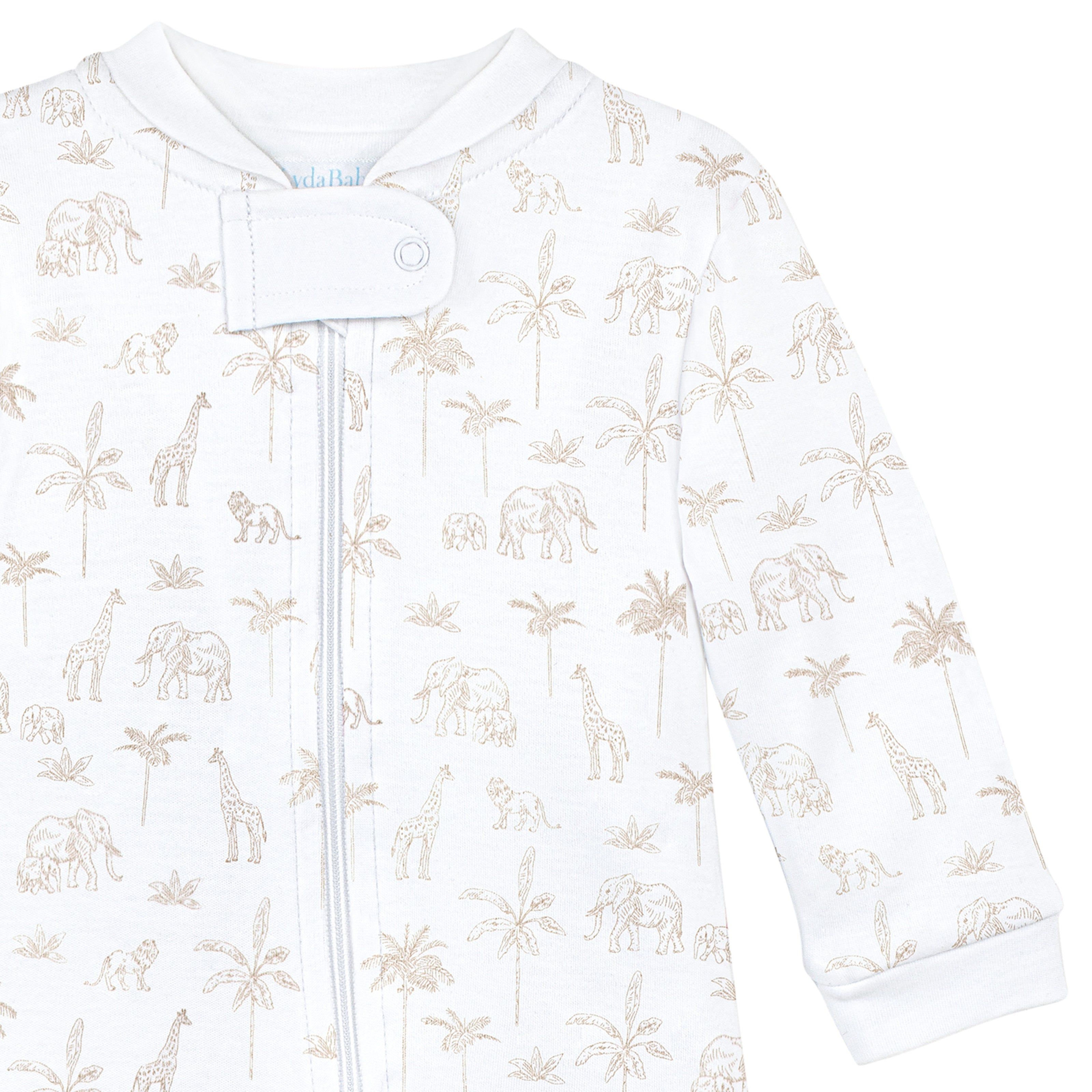 White safari animals zipper footie made from ultra soft Peruvian Pima cotton for newborns.