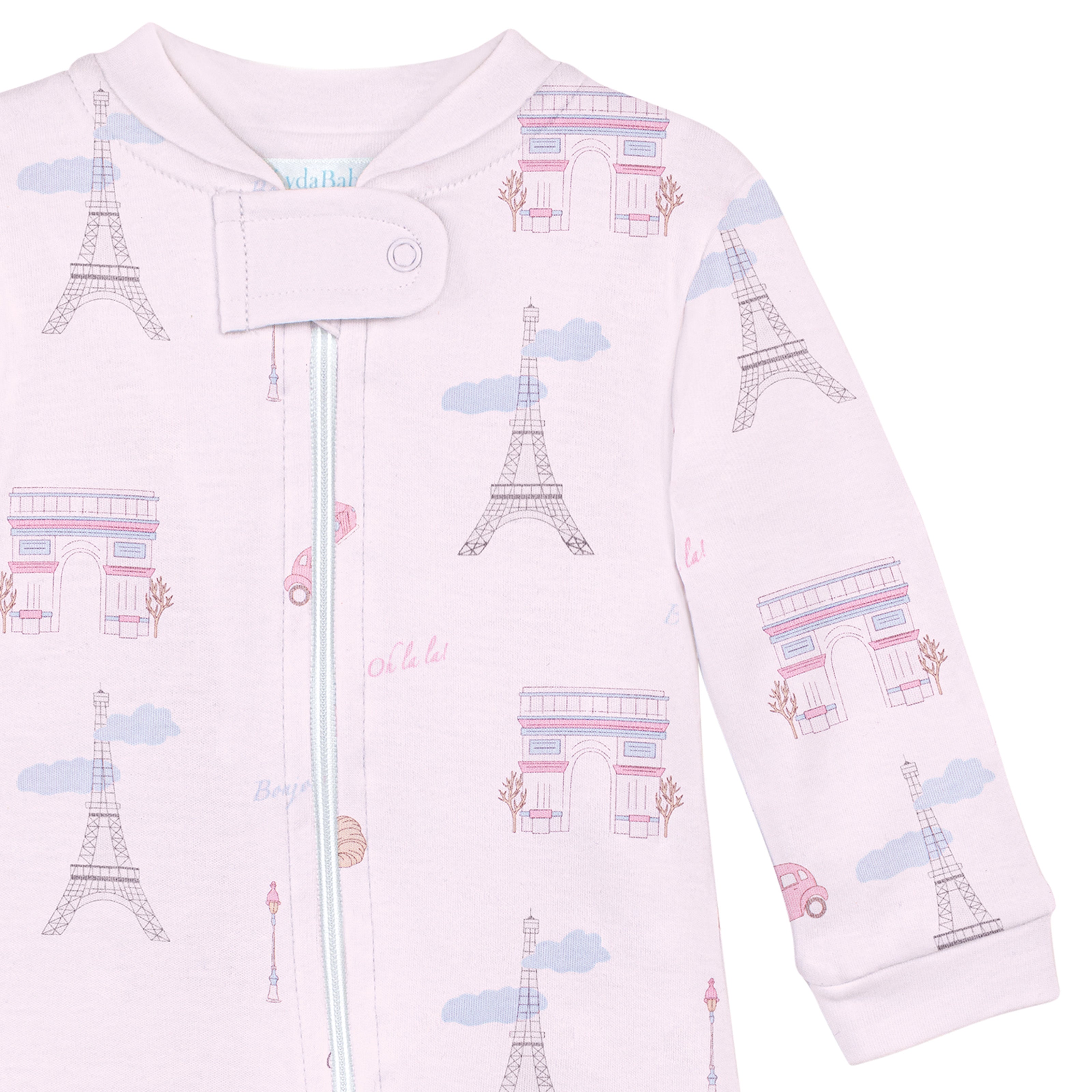 Pink Paris themed zipper footie featuring Eiffel Tower print made from ultra soft Peruvian Pima cotton for newborns.