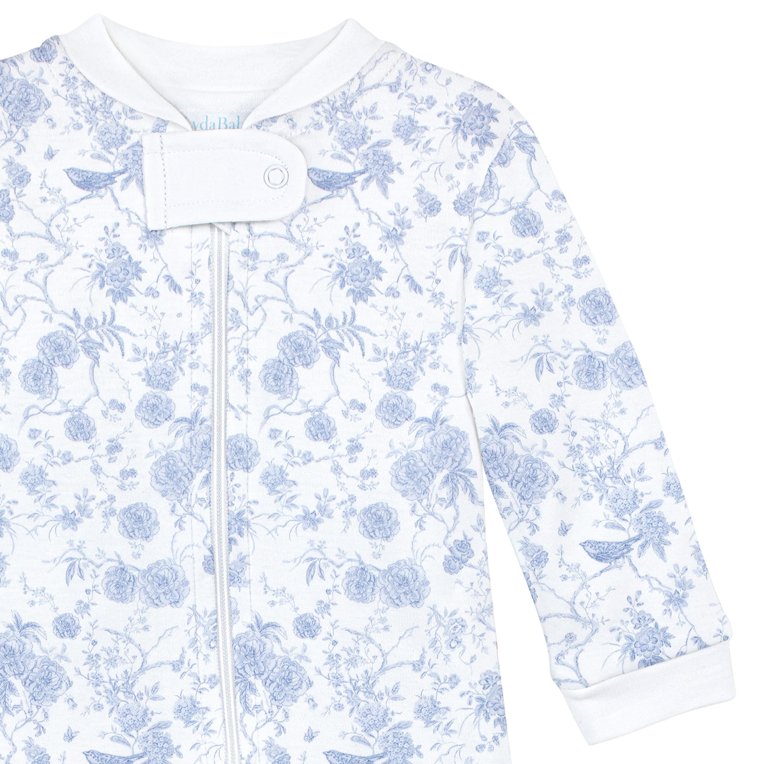 Autumn Garden light blue zipper footie made from ultra soft Peruvian Pima cotton newborn baby clothes.