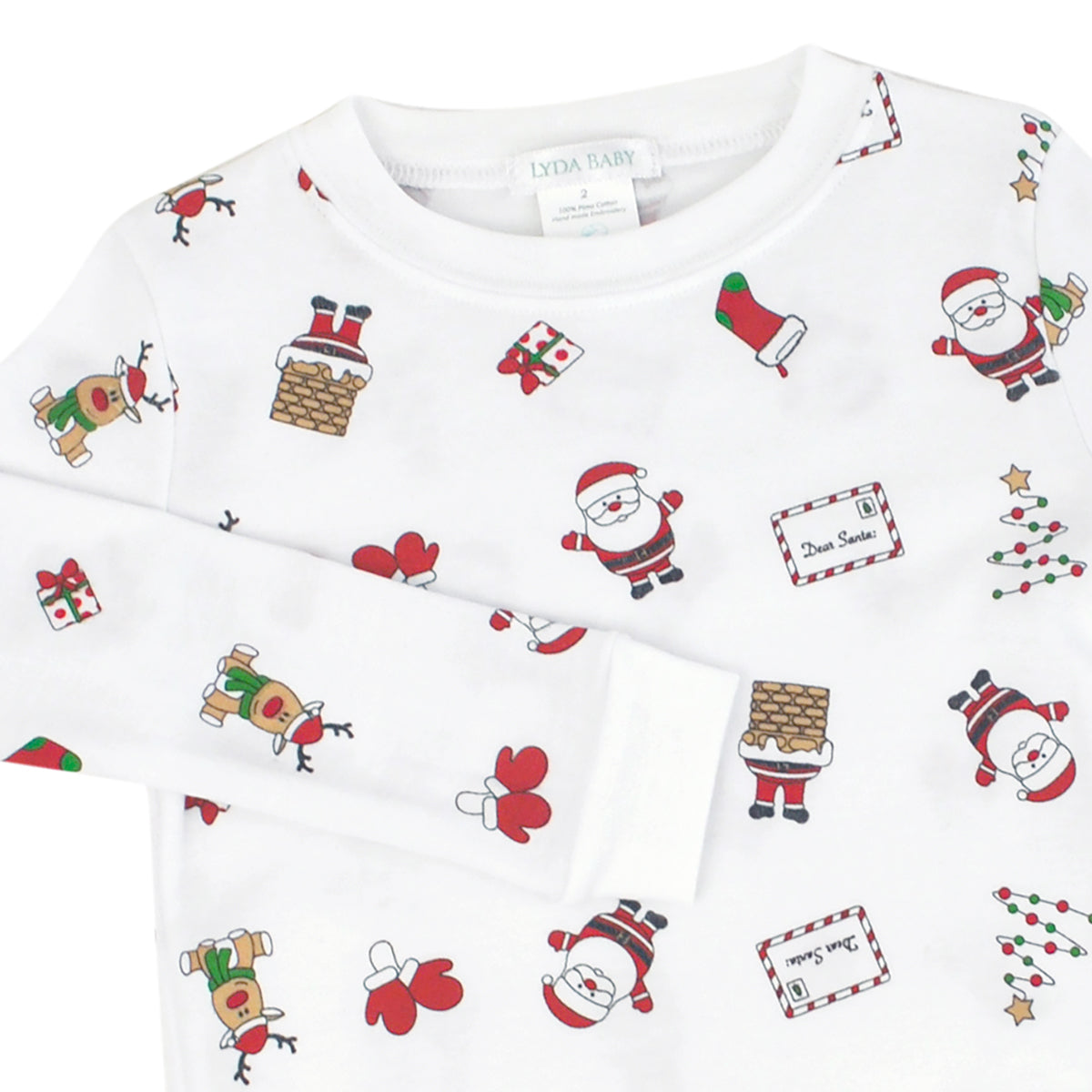 Unisex two-piece baby pajamas in Peruvian Pima cotton with Christmas icons print – Santa, chimney, stockings, gifts, and reindeer