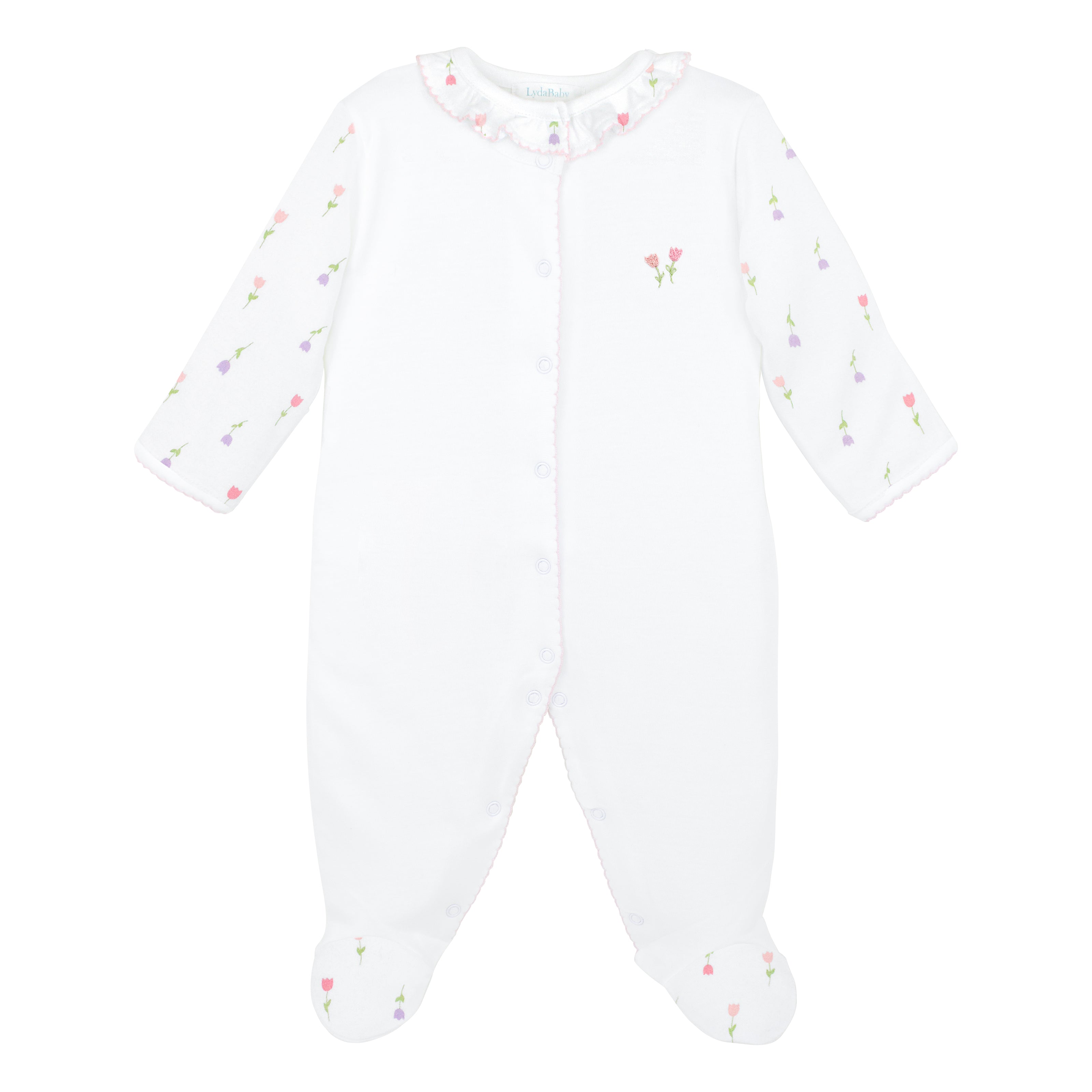 Delicate baby girl footie in premium Peruvian Pima cotton, with tulip print on sleeves and feet, and hand-embroidered tulip on the chest — soft, breathable, and beautifully crafted for newborn comfort.