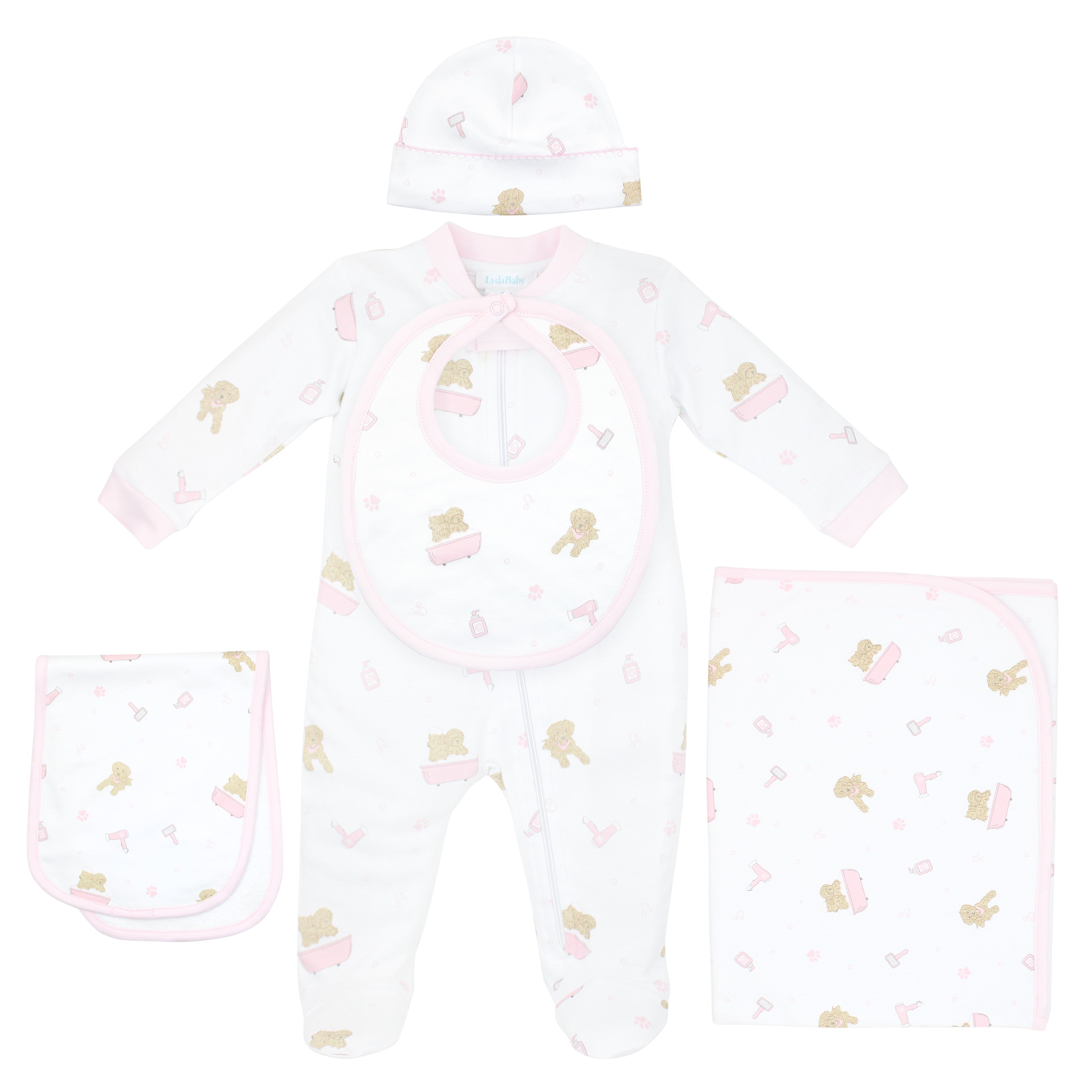 Baby girl 5-piece set with spa pet print, crafted in ultra-soft Peruvian Pima cotton — ideal for newborn comfort and gifting.