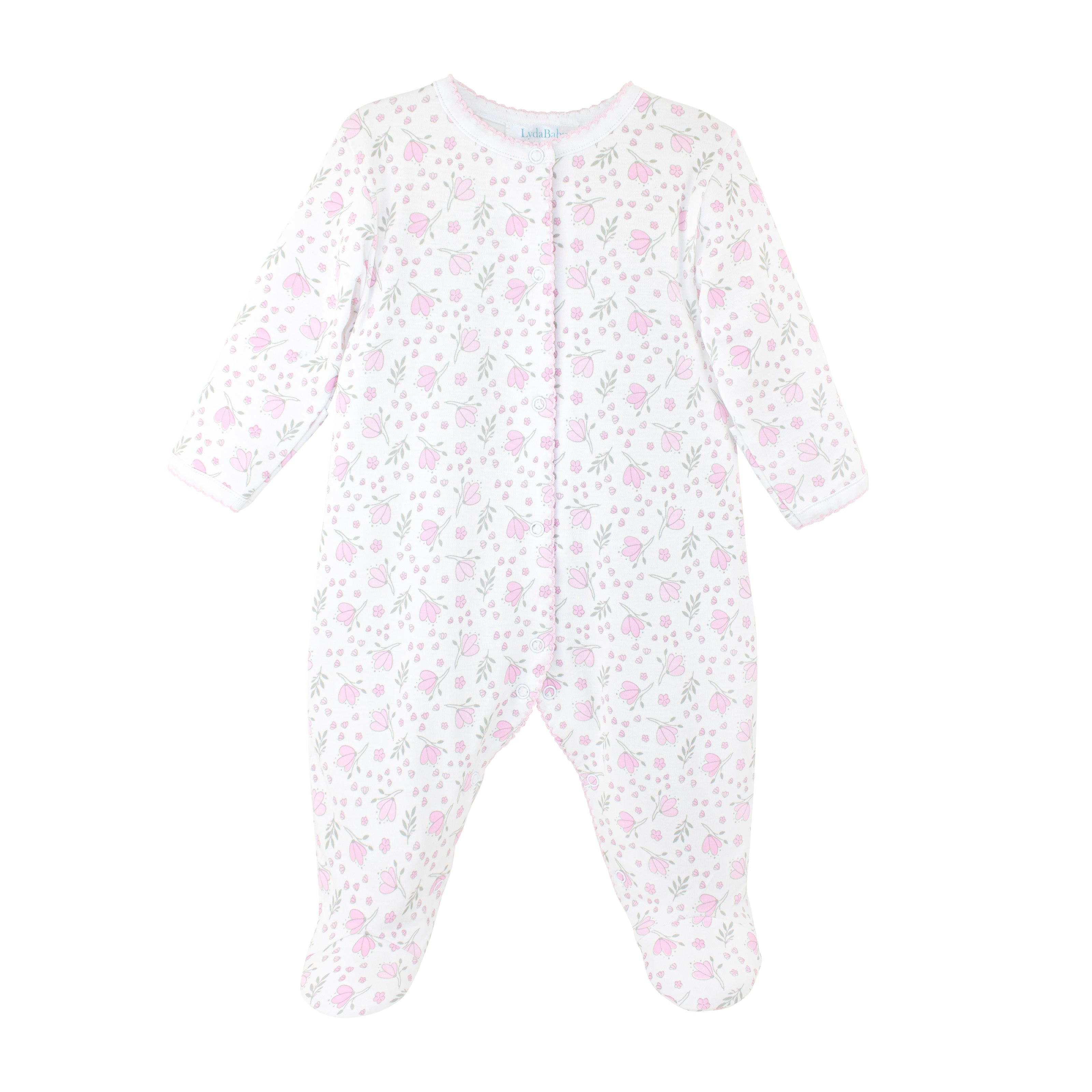 Soft Peruvian Pima cotton baby bodysuit for girls featuring delicate Blooming Flowers print – breathable, hypoallergenic, and perfect for sensitive newborn skin