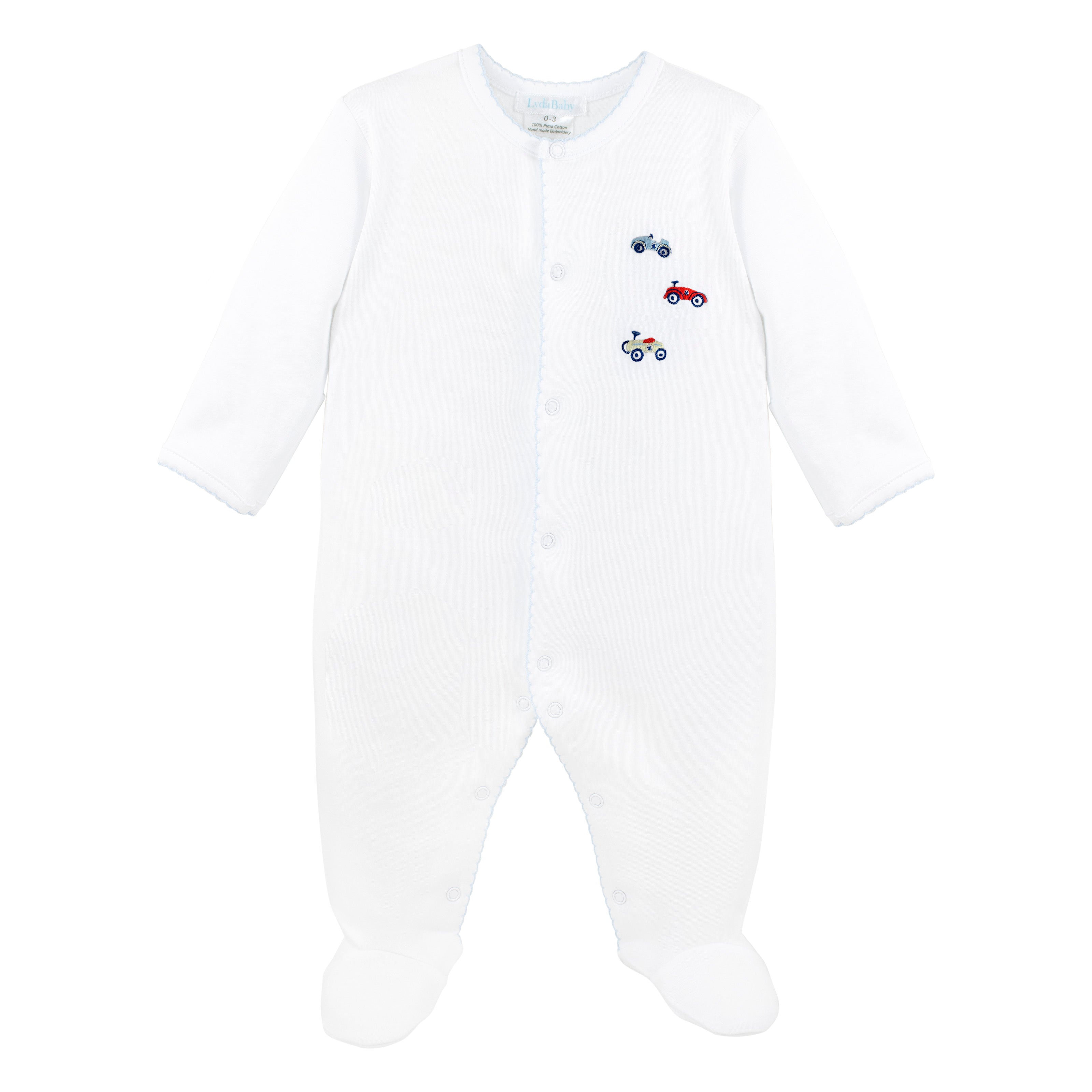 Baby boy footie made from Peruvian Pima cotton with colorful toy car embroidery — boutique baby clothing with hypoallergenic, breathable fabric
