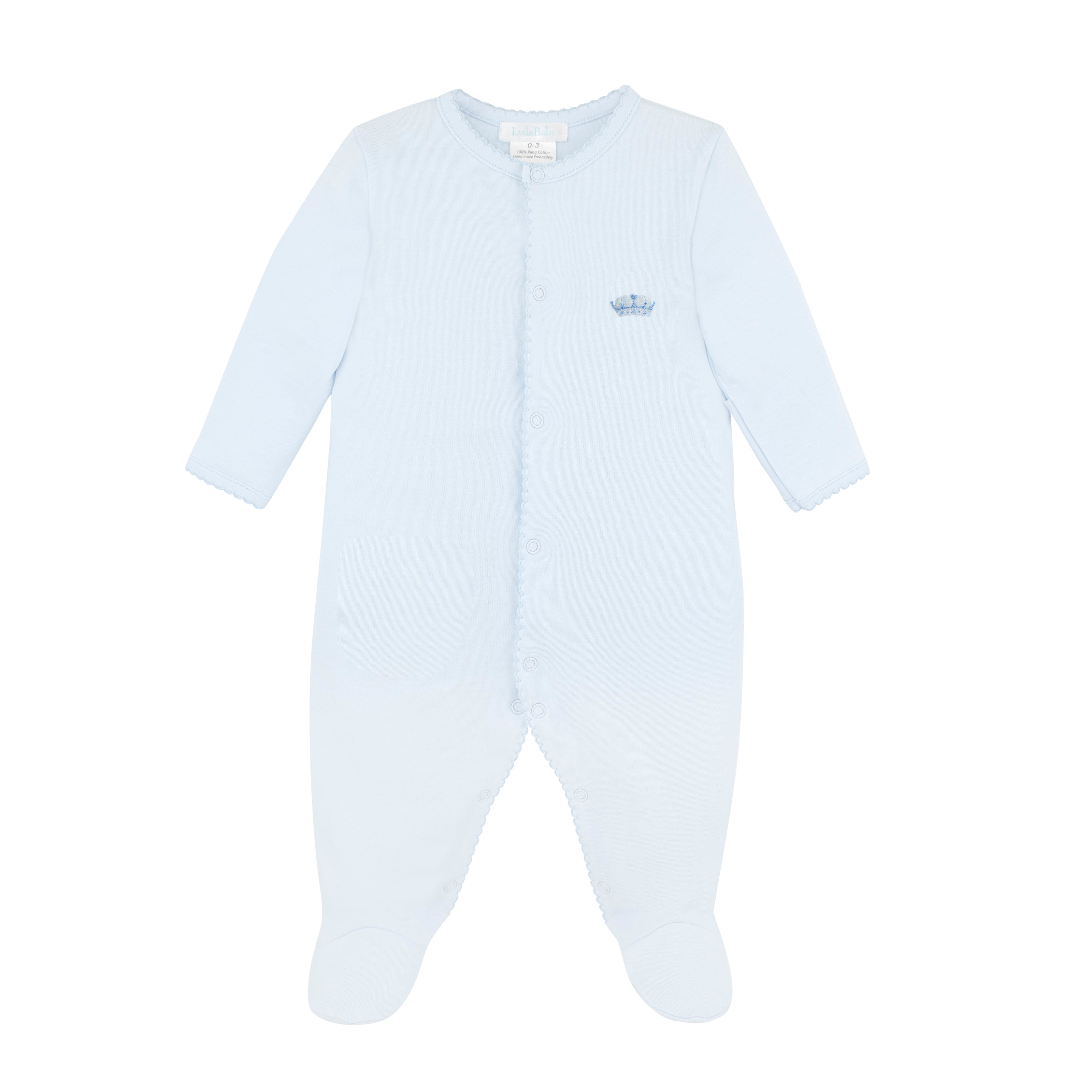 Baby boy footie in luxury Pima cotton with embroidered crown and 'Little Prince' motif — organic cotton baby clothes for newborn essentials.