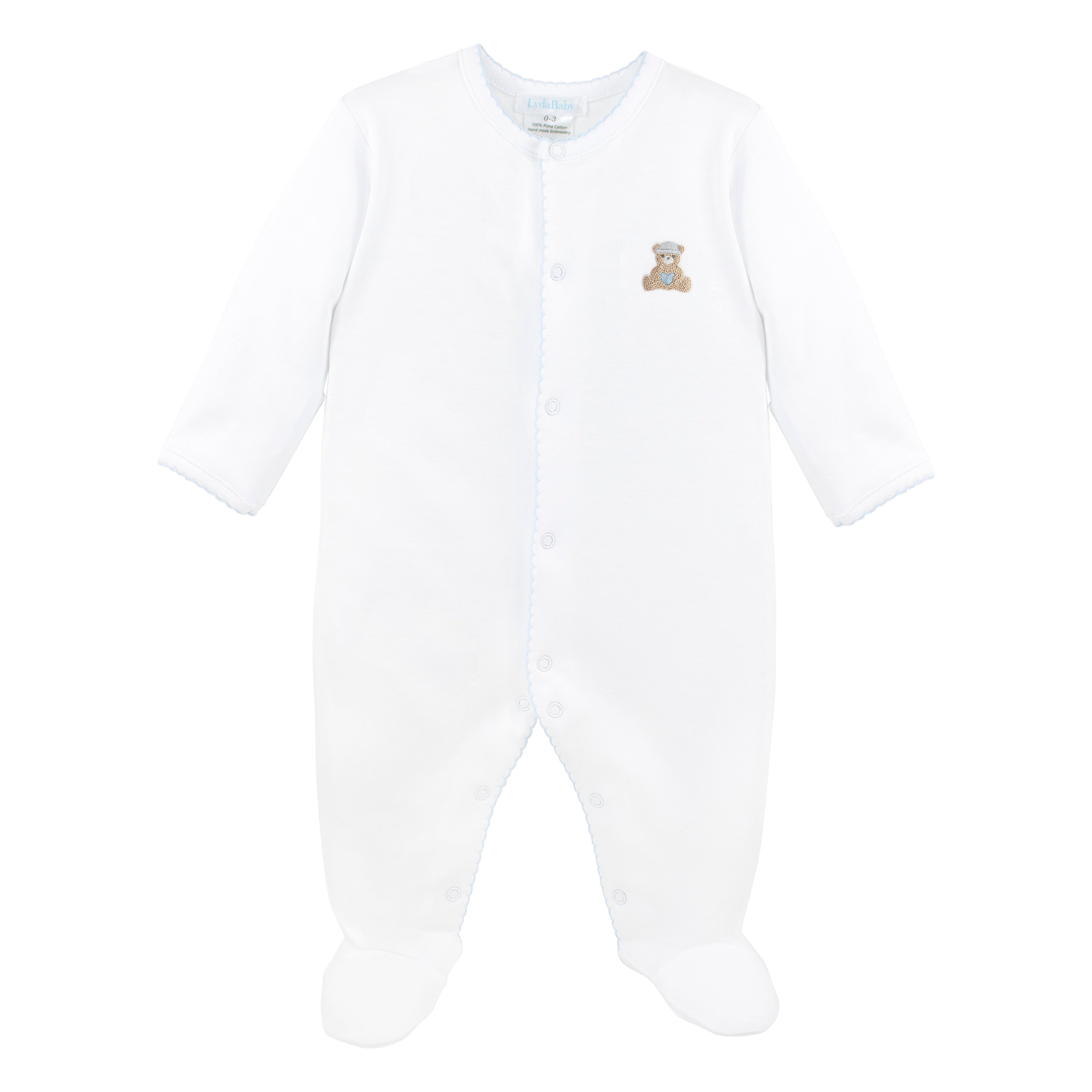 Hand-embroidered teddy bear footie in Peruvian Pima cotton for baby boys — luxury baby sleepwear from boutique baby clothes collections