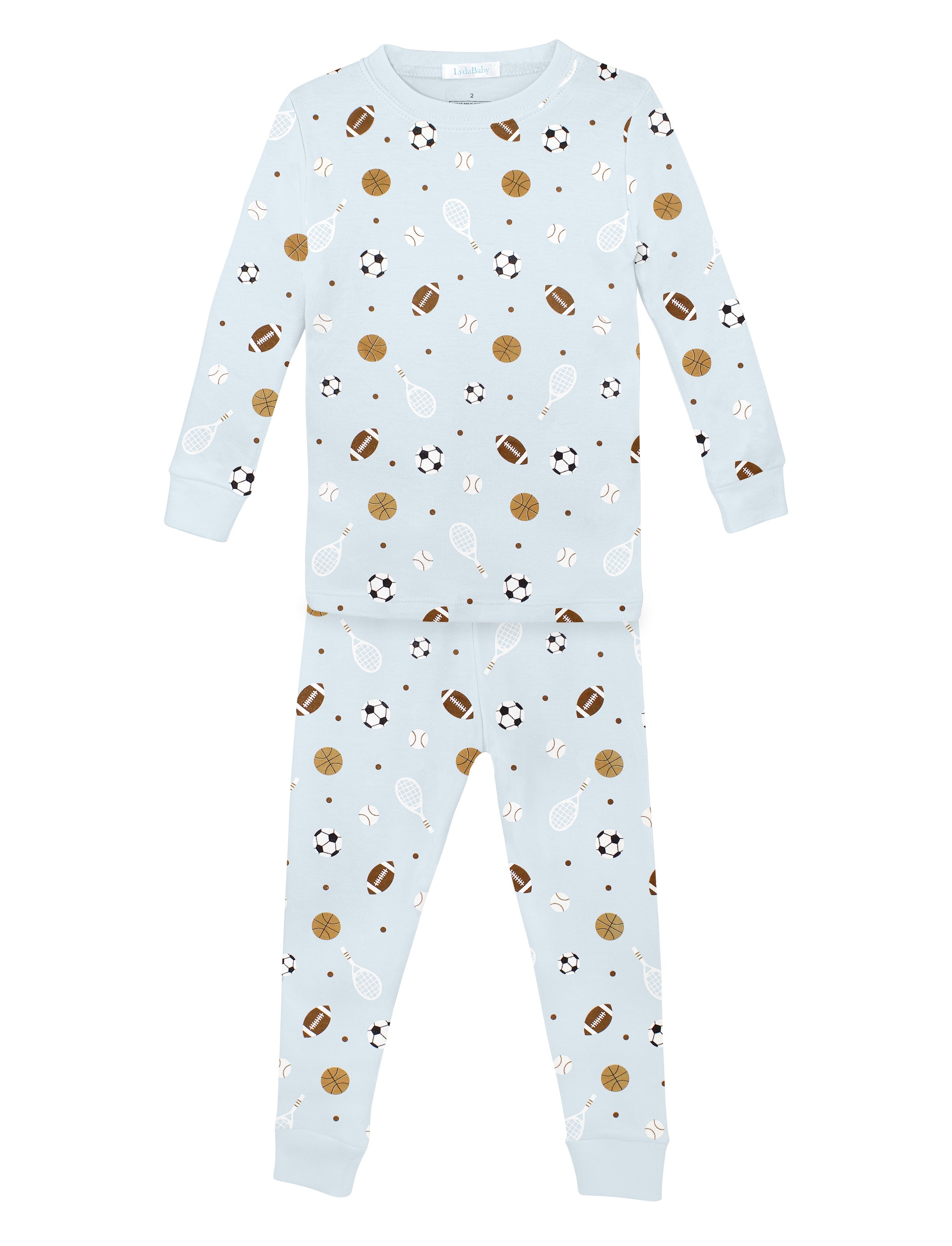 Soft baby boy pajama set in Peruvian Pima cotton with 'All star sports' print — breathable and hypoallergenic luxury sleepwear from boutique baby clothing collections.