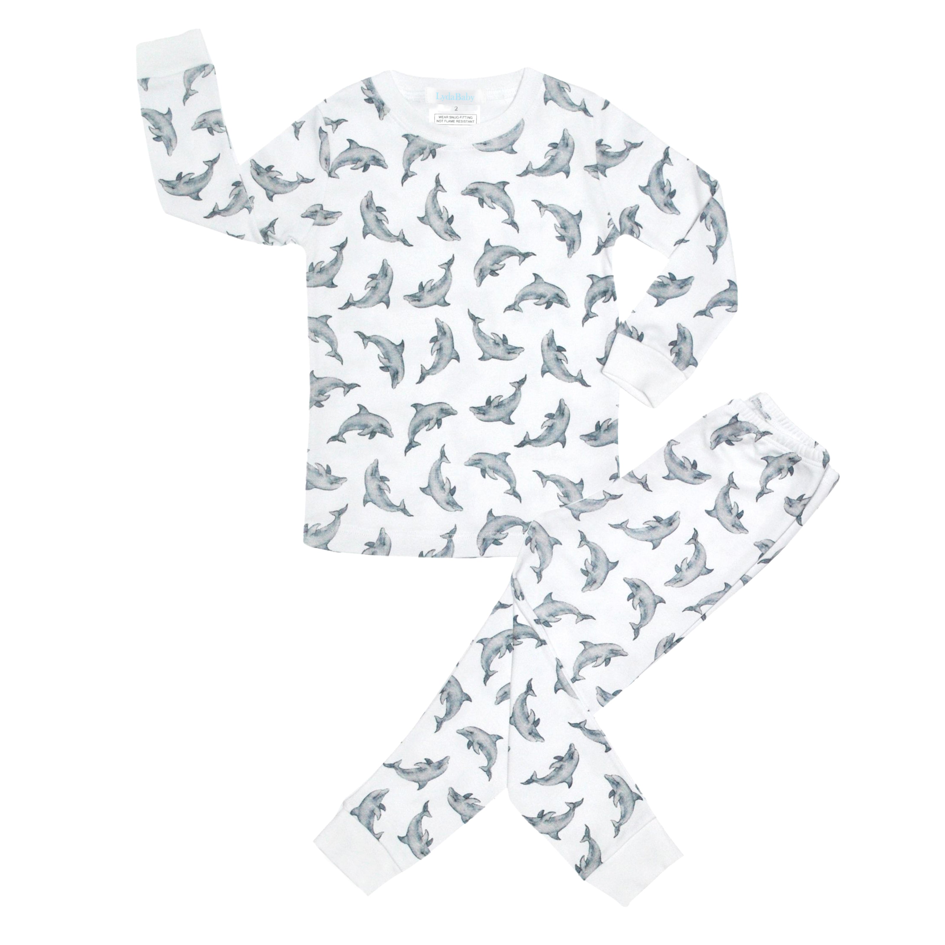 Soft baby boy pajama set in Peruvian Pima cotton with 'Dolphins' print — breathable and hypoallergenic luxury sleepwear from boutique baby clothing collections.