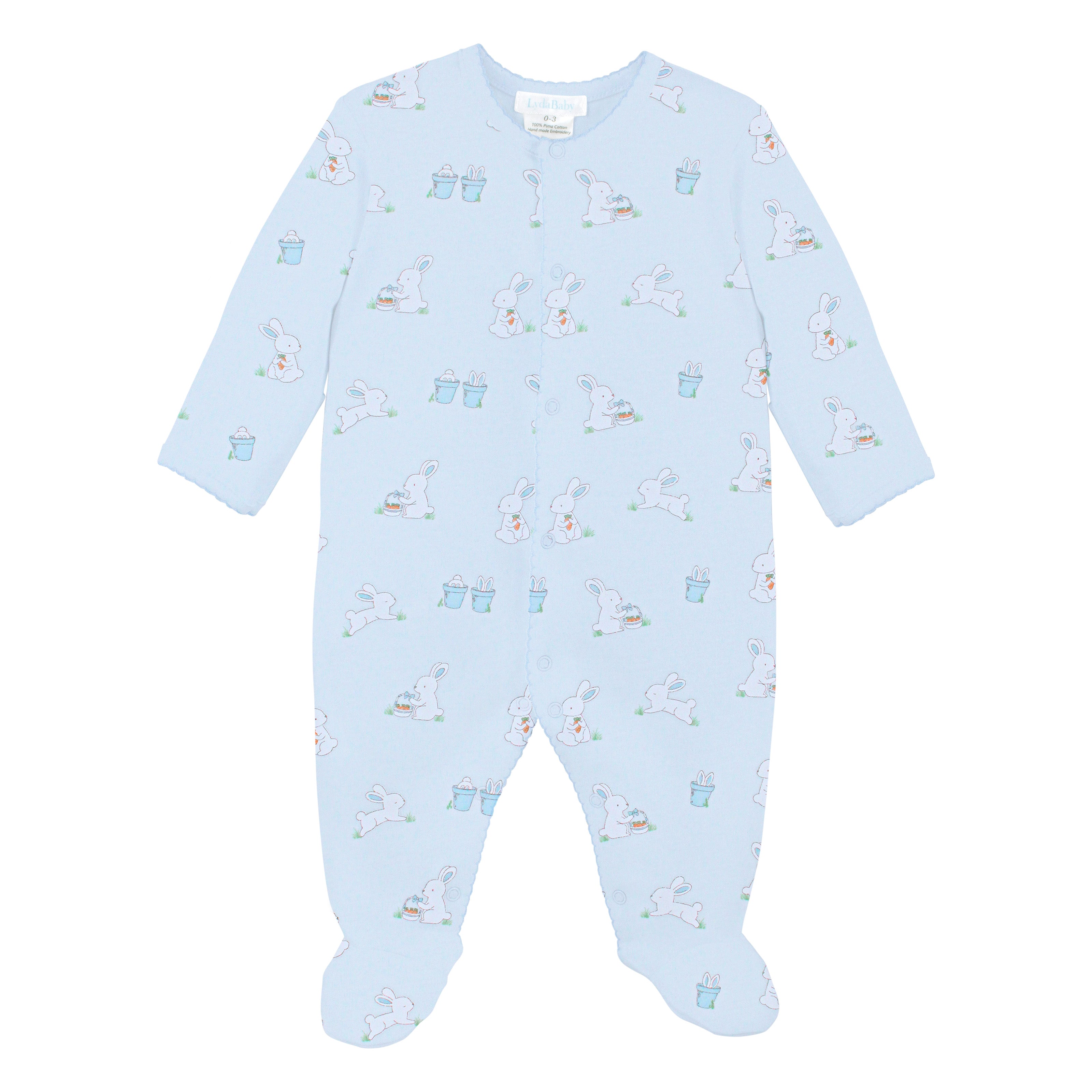 Soft Peruvian Pima cotton baby footie for boys featuring playful Bunnies in the Garden print – breathable, hypoallergenic, and ideal for newborns.