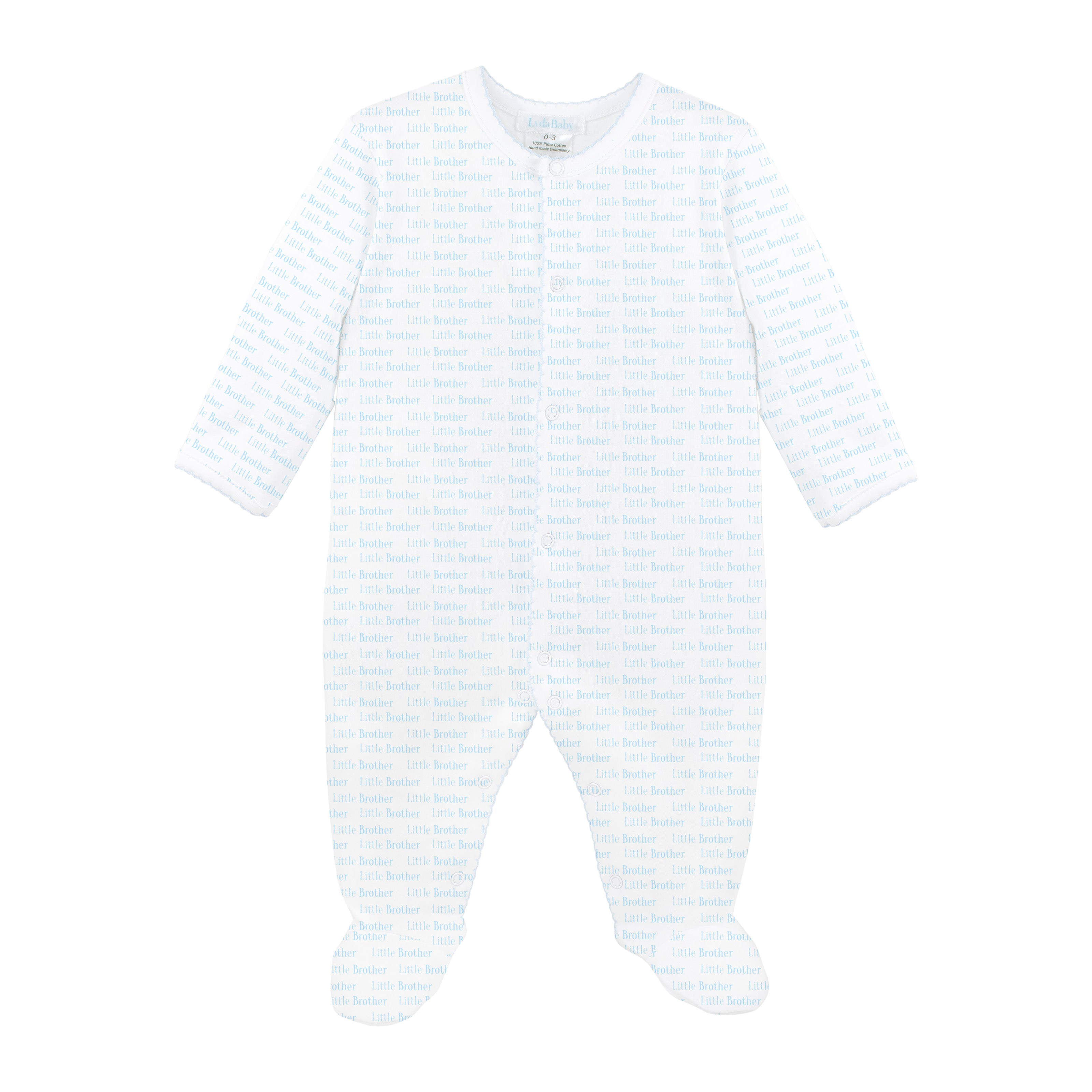 Soft Peruvian Pima cotton baby footie for boys featuring “My Little Brother” text print – breathable, hypoallergenic, and perfect for sensitive newborn skin