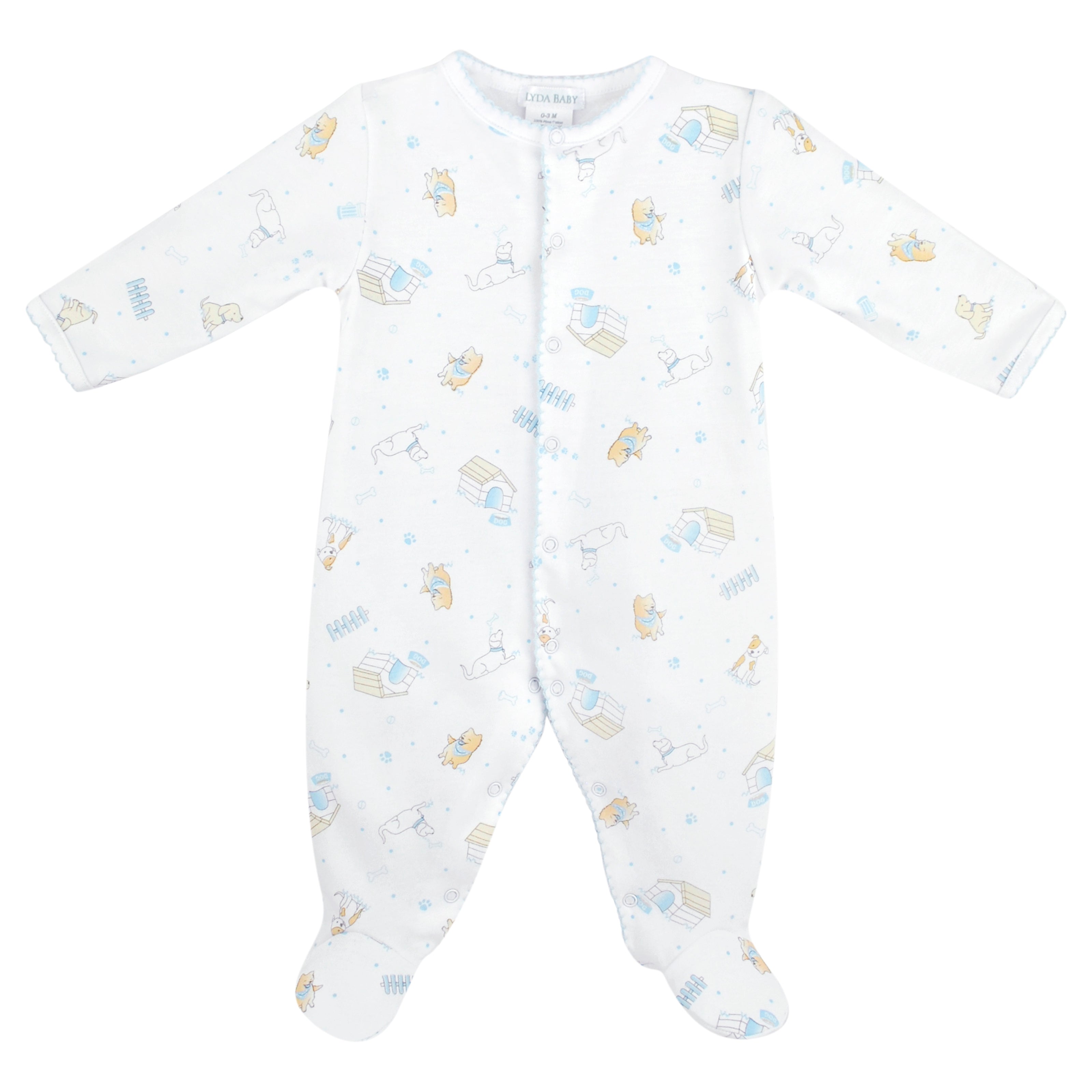 Soft Peruvian Pima cotton baby footie for boys featuring playful Puppies World print – breathable, hypoallergenic, and ideal for delicate newborn skin