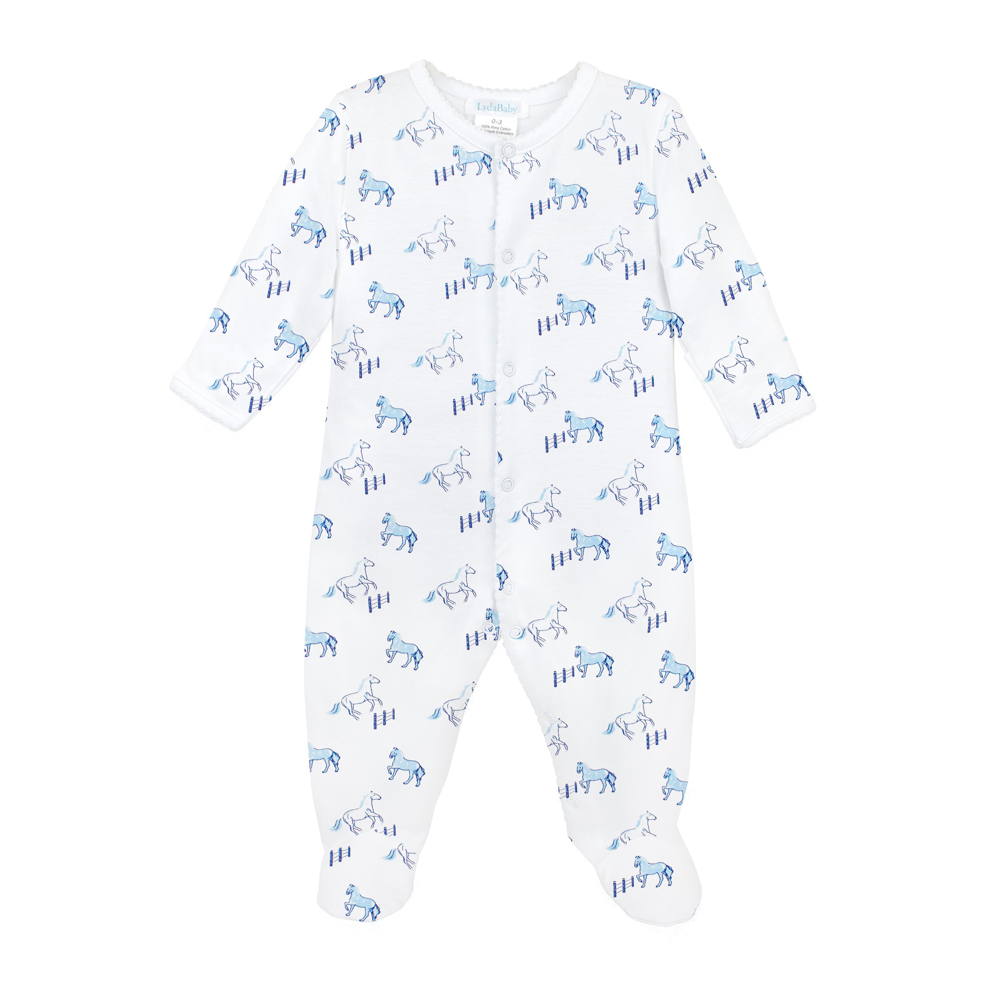 Soft Peruvian Pima cotton baby footie for boys featuring graceful Running Horses print – breathable, hypoallergenic, and perfect for sensitive skin
