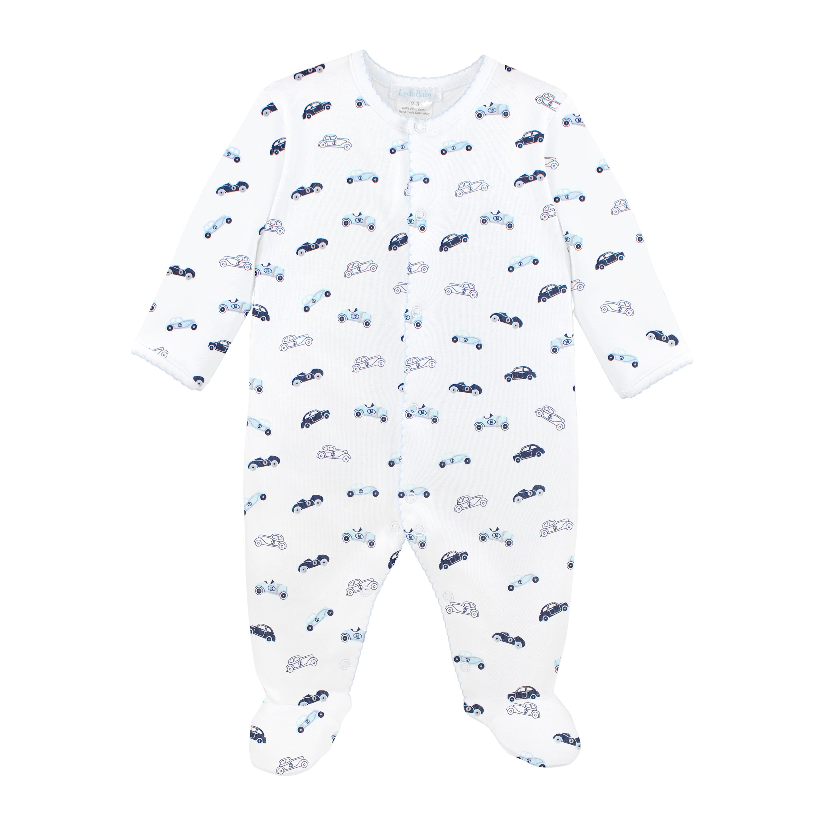 Soft Peruvian Pima cotton baby footie for boys featuring a classic Vintage Car print – breathable, hypoallergenic, and ideal for sensitive newborn skin