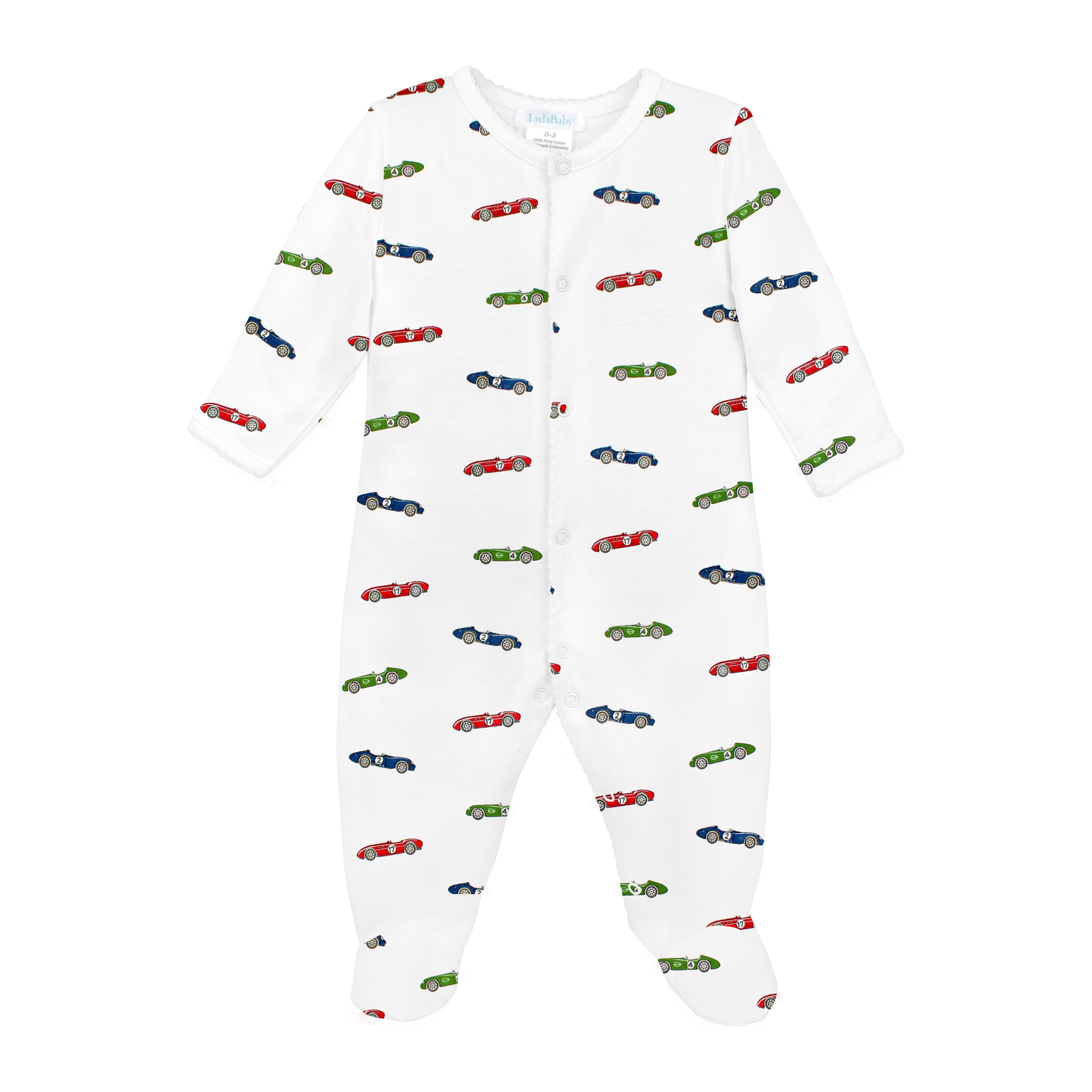 Soft Peruvian Pima cotton baby footie for boys featuring classic Vintage Racing Cars print – breathable, hypoallergenic, and perfect for sensitive newborn skin