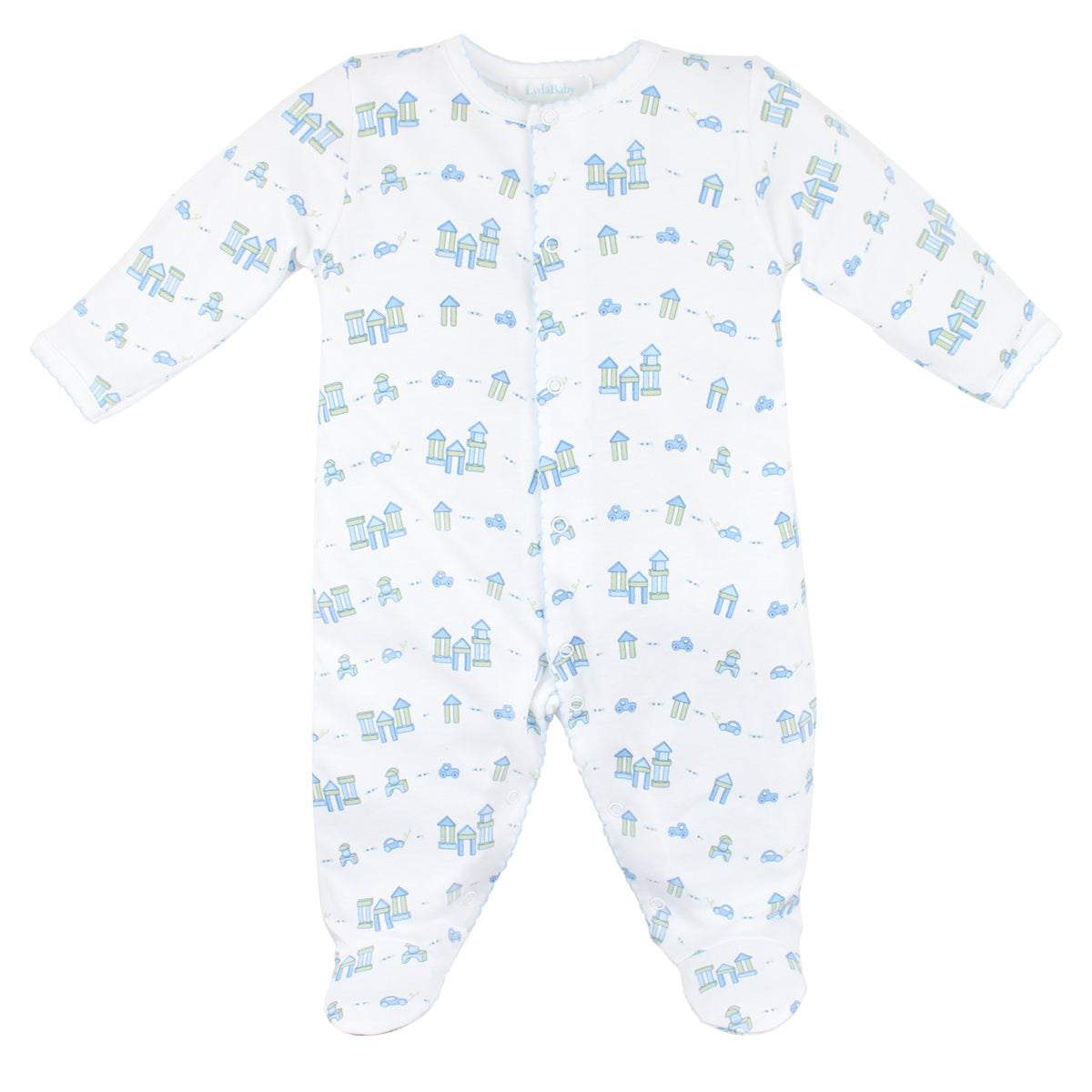 Soft Peruvian Pima cotton baby footie for boys featuring charming Wooden Toys print – breathable, hypoallergenic, and perfect for sensitive skin