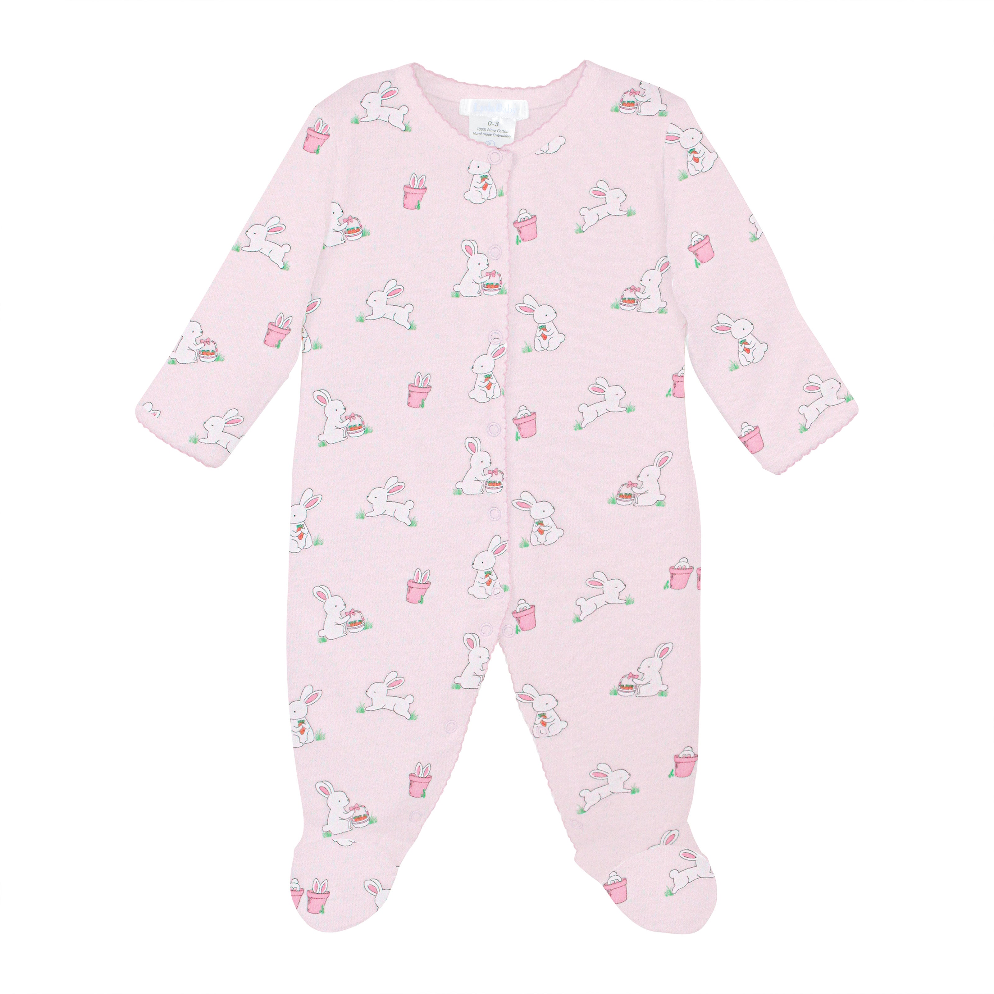 Soft Peruvian Pima cotton baby footie for girls featuring adorable Bunnies in the Garden print – breathable, hypoallergenic, and perfect for newborn skin.