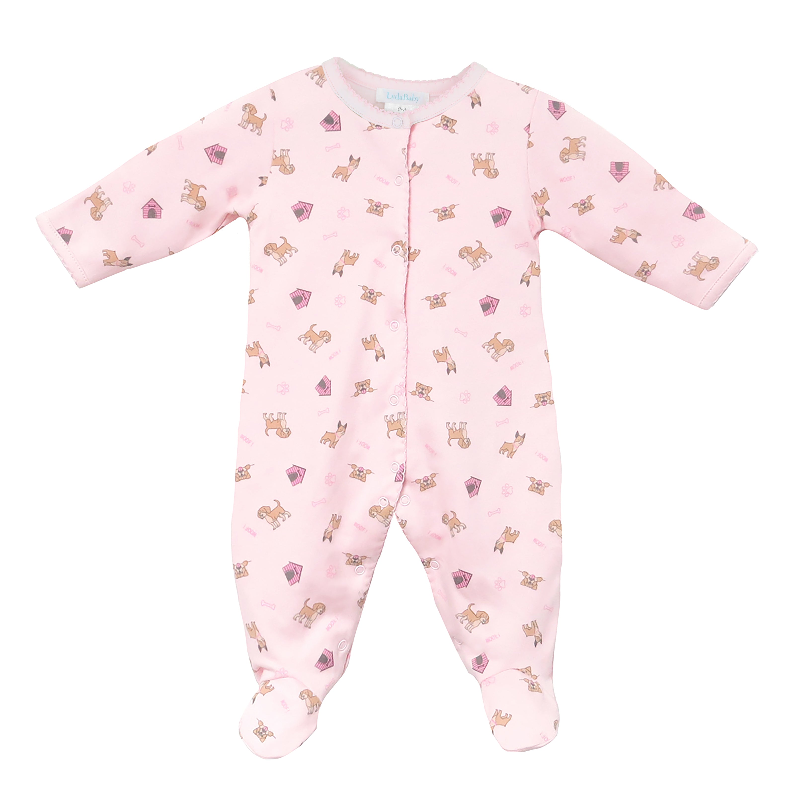 Soft Peruvian Pima cotton baby footie for girls featuring Cute Puppies print – breathable, hypoallergenic, and perfect for sensitive newborn skin.