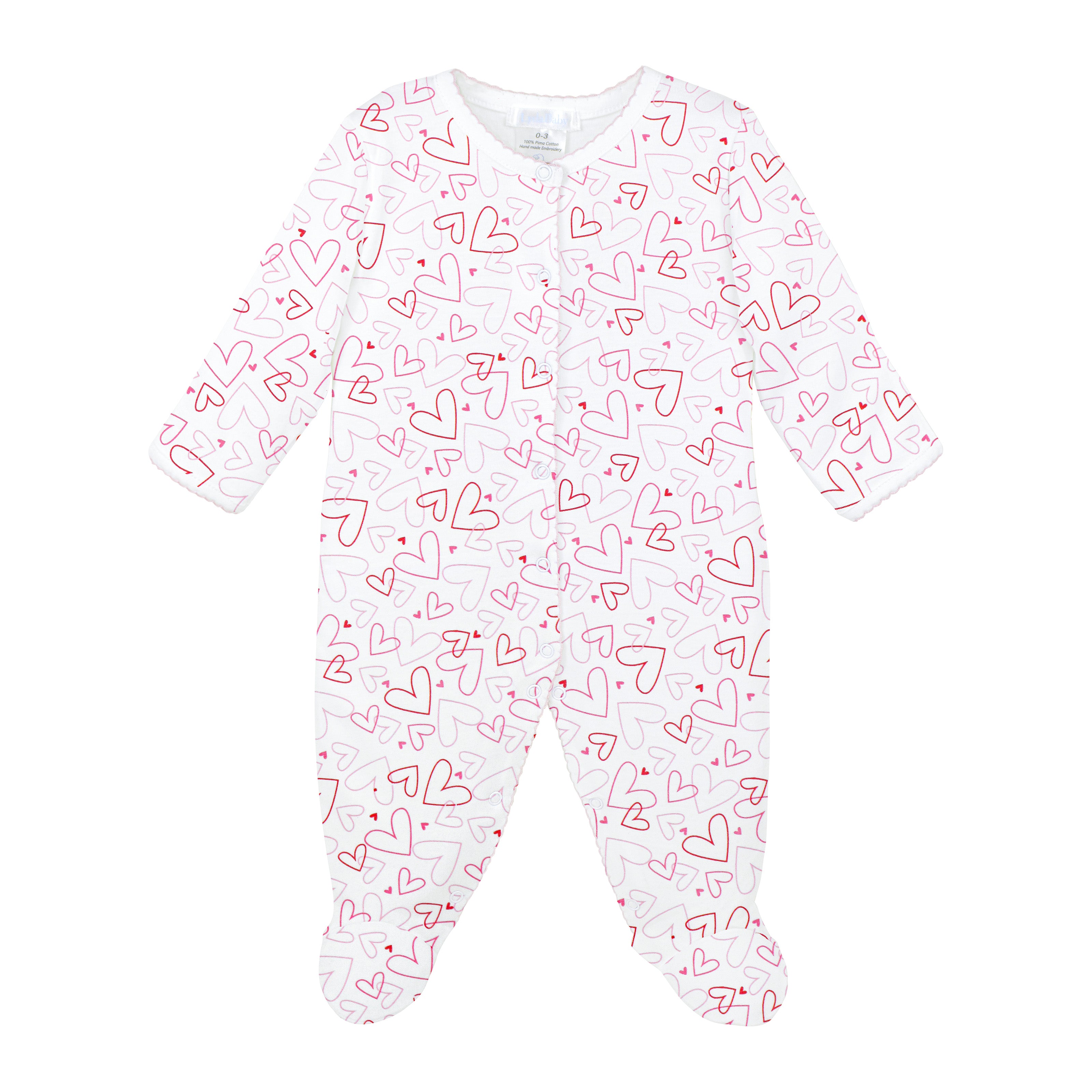 Soft Peruvian Pima cotton baby footie for girls featuring charming Doodle Hearts print – breathable, hypoallergenic, and perfect for sensitive newborn skin