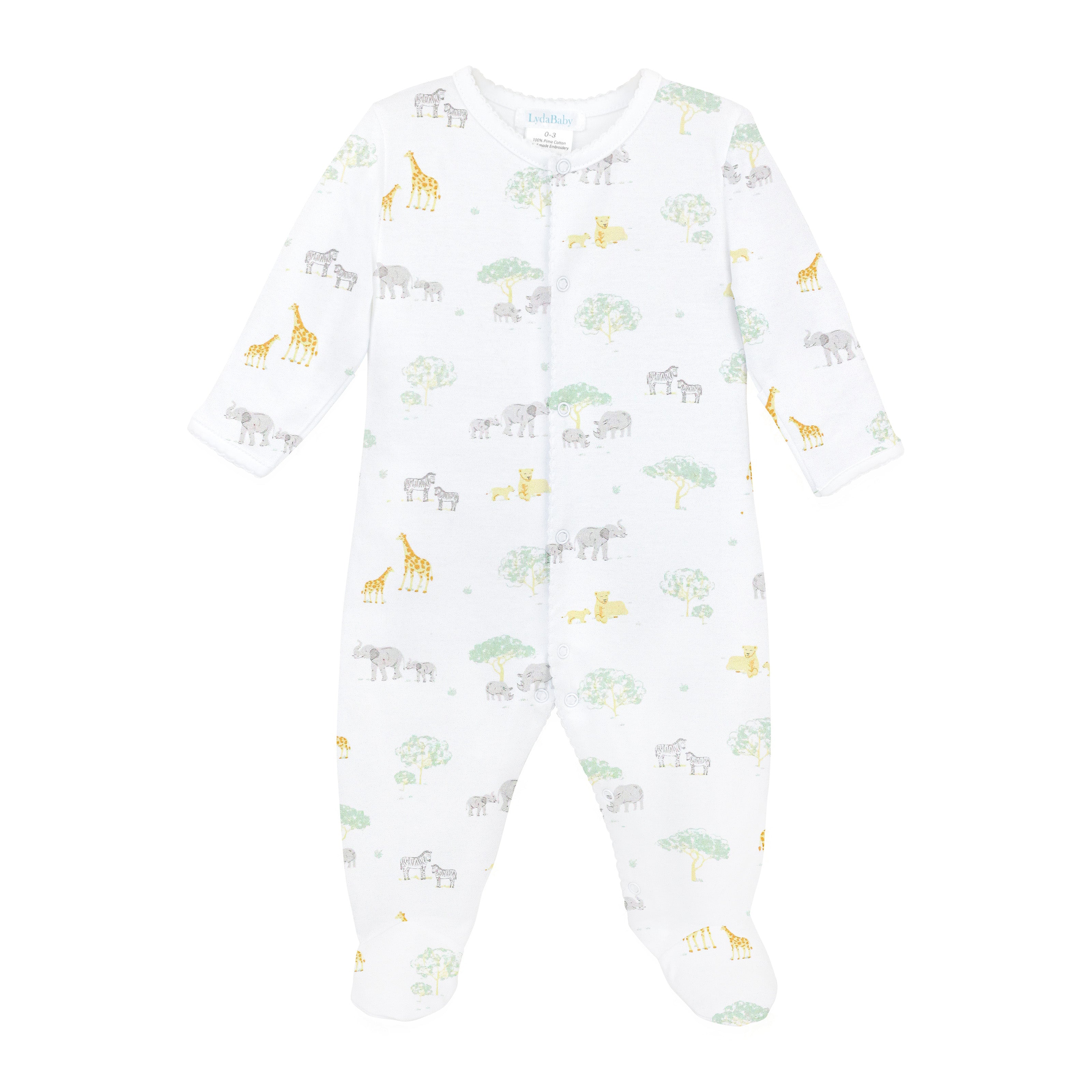 Unisex baby footie made from organic Peruvian Pima cotton featuring adorable Safari Life animal prints – soft, breathable, hypoallergenic, and perfect sustainable baby clothing for sensitive newborn skin