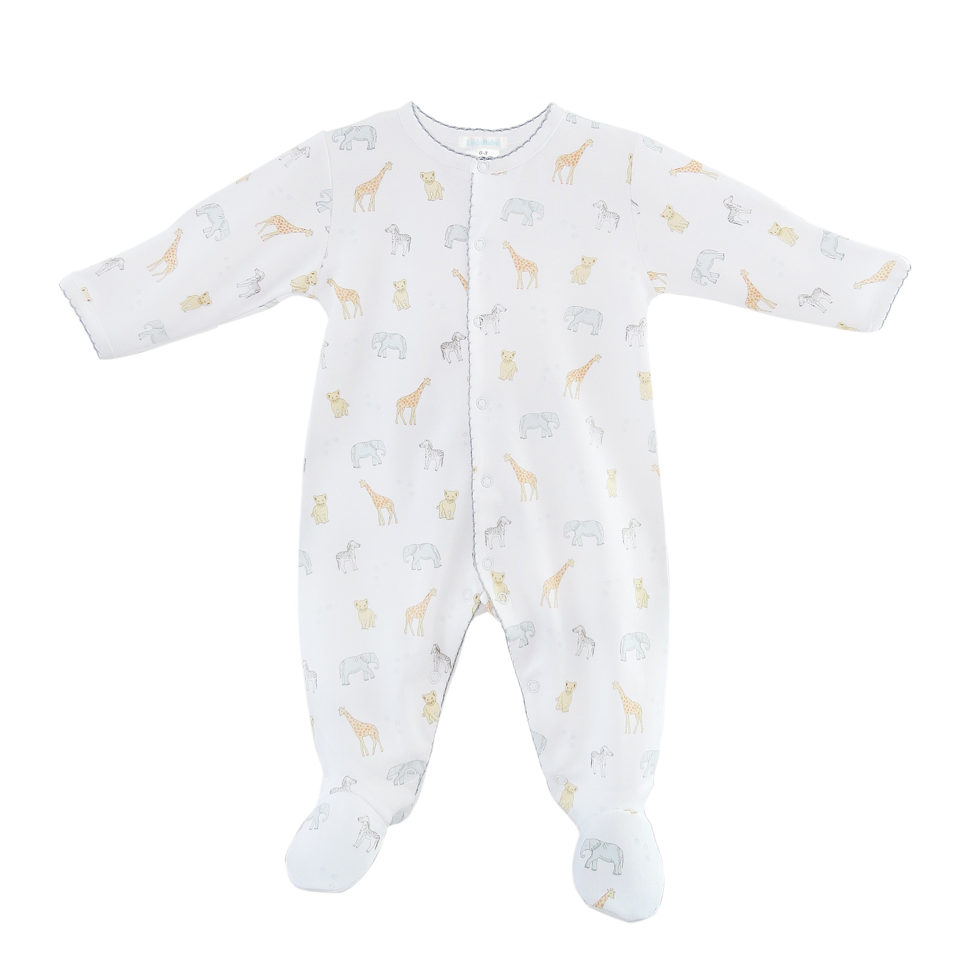 Unisex baby footie made from soft Peruvian Pima cotton featuring cute Safari Animals print with elephants, giraffes, and zebras – breathable and hypoallergenic for newborns