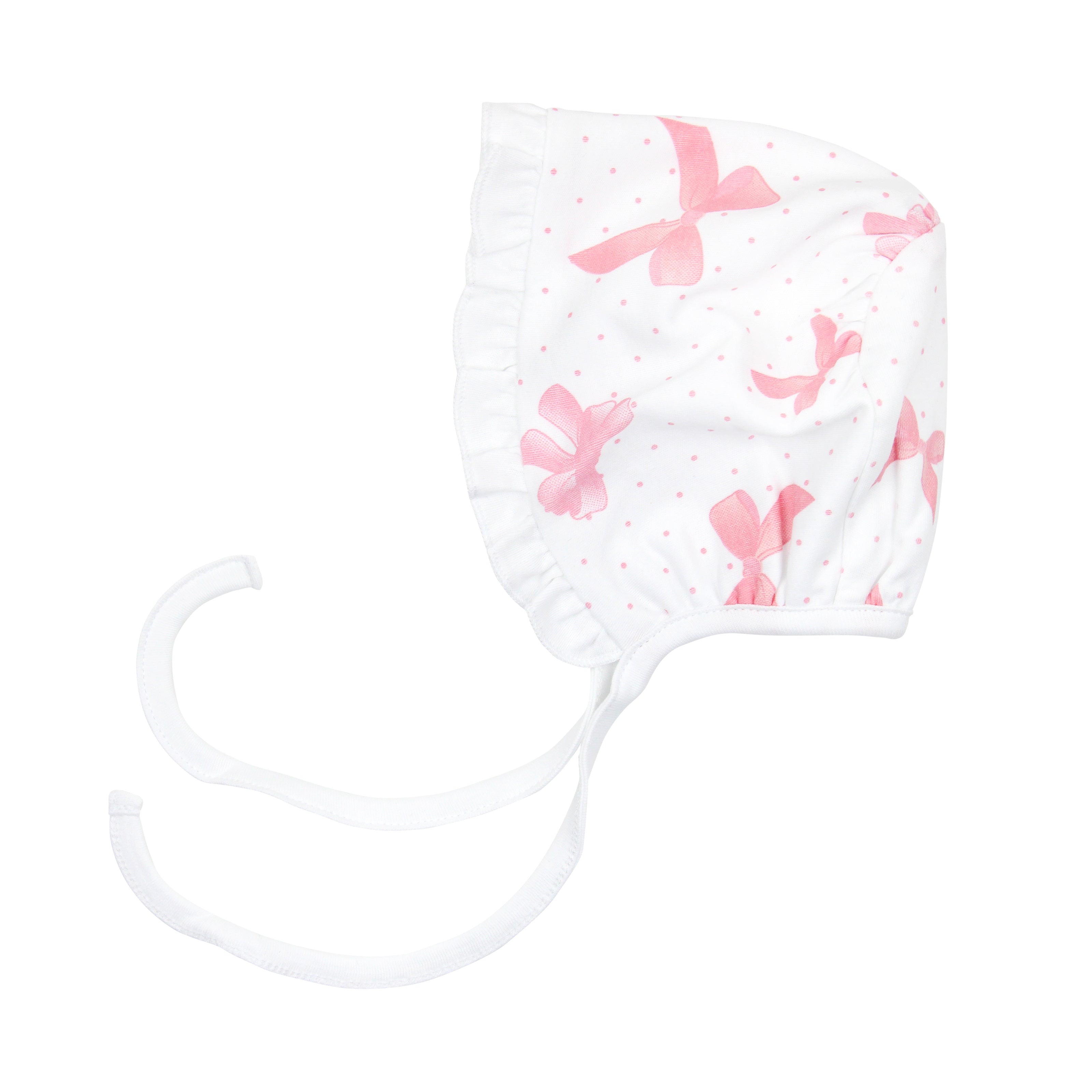 White baby girl bonnet in Pima cotton with pink polka dots, large bow prints, and white ties under the chin.