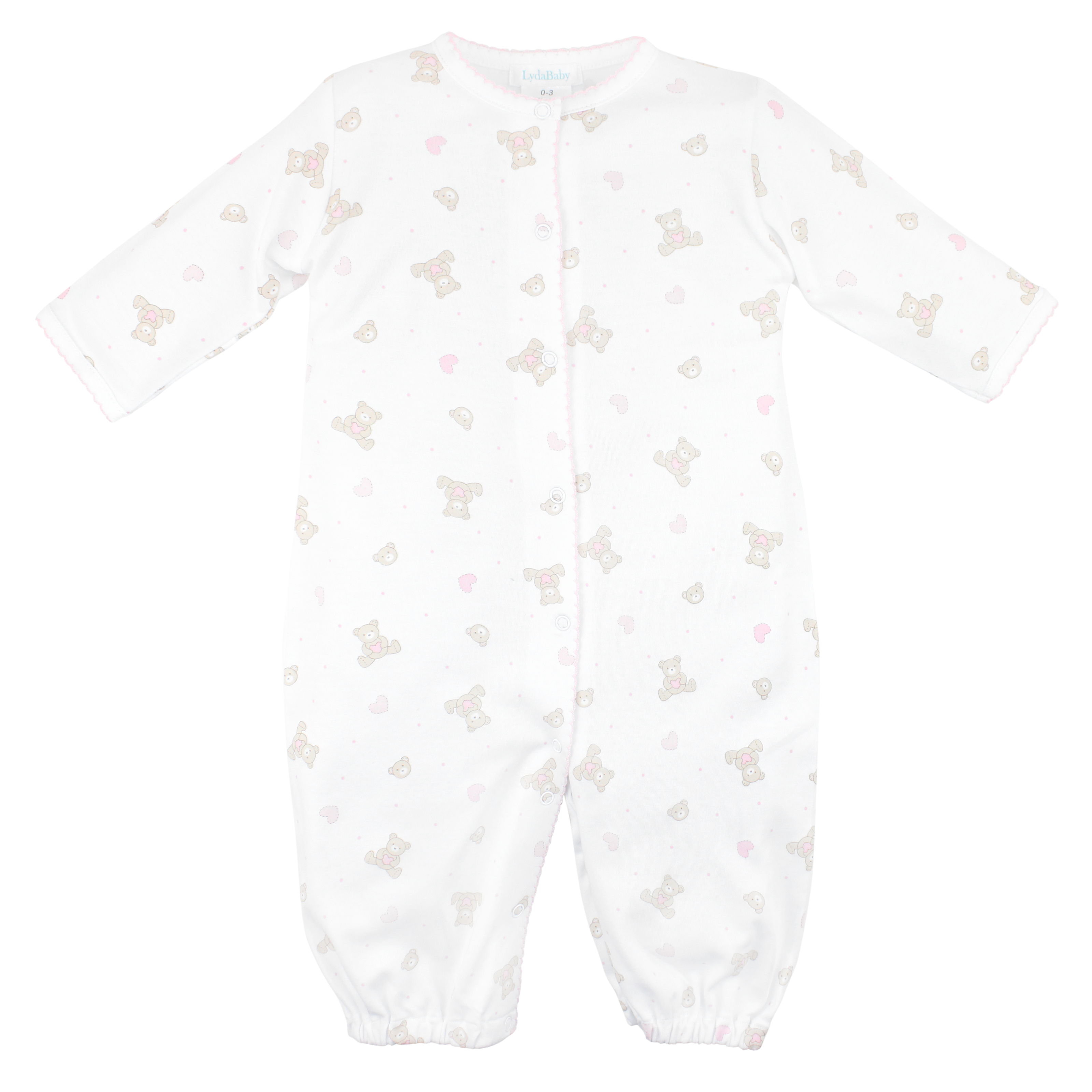 Luxury baby girl converter gown with teddy bear print in soft Pima cotton — ideal for boutique baby clothes and organic cotton baby essentials.
