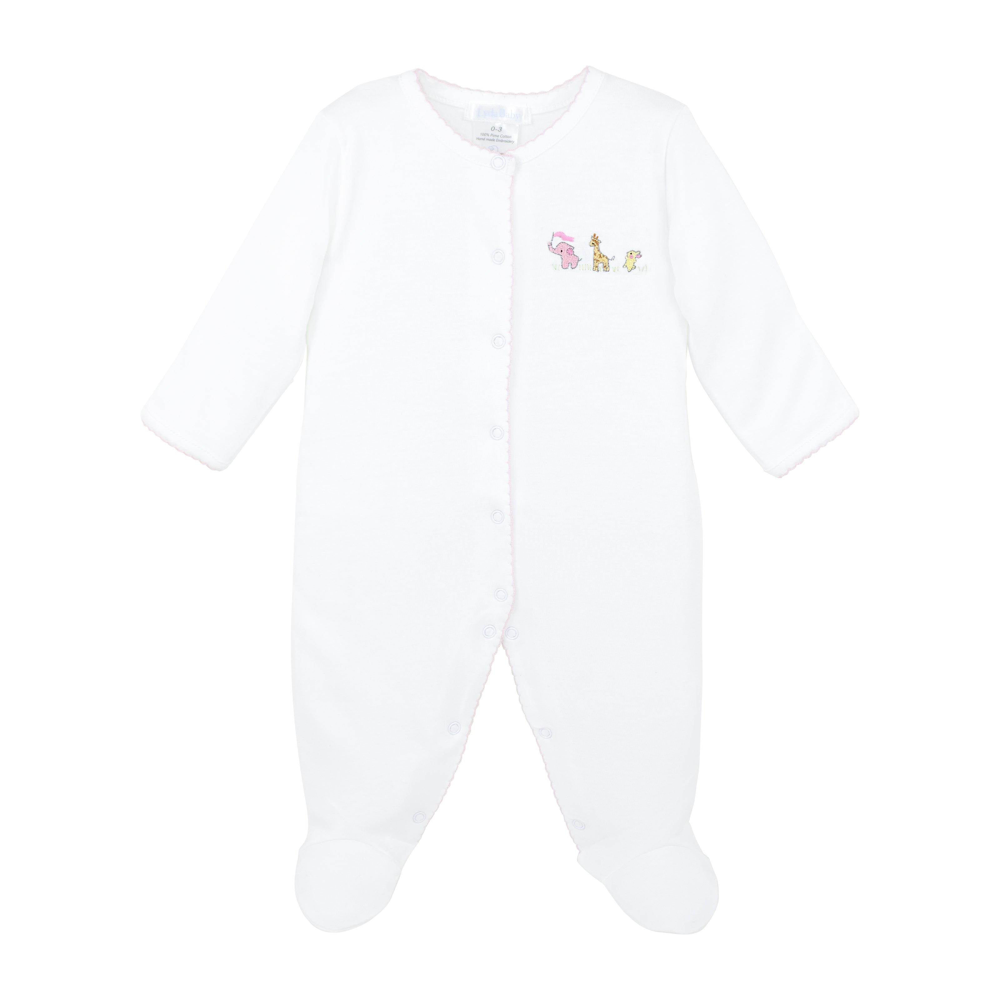 Hand-embroidered baby girl footie made from ultra-soft Peruvian Pima cotton, featuring sweet baby animals. Eco-friendly and gentle on sensitive skin — ideal for designer baby clothes, baby pajamas, or baby shower gift clothes