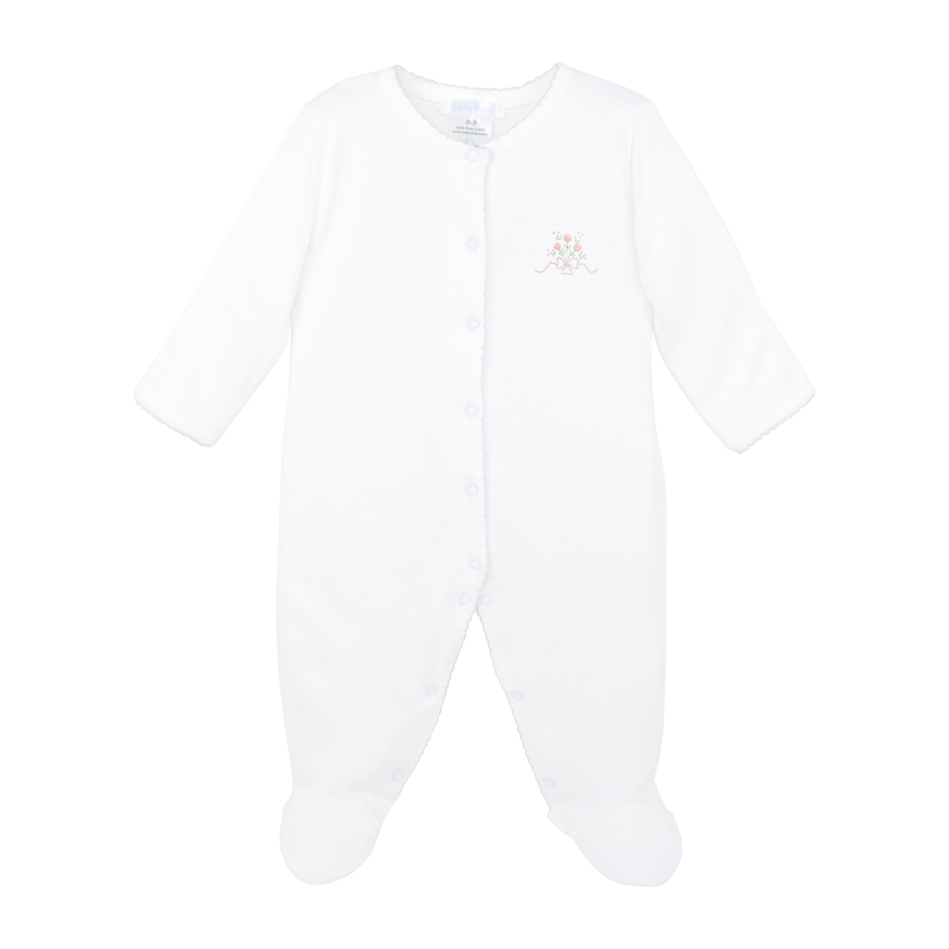 Hand-embroidered roses and bows on baby girl footie — made from soft, organic Pima cotton for cute baby clothes in boutique stores
