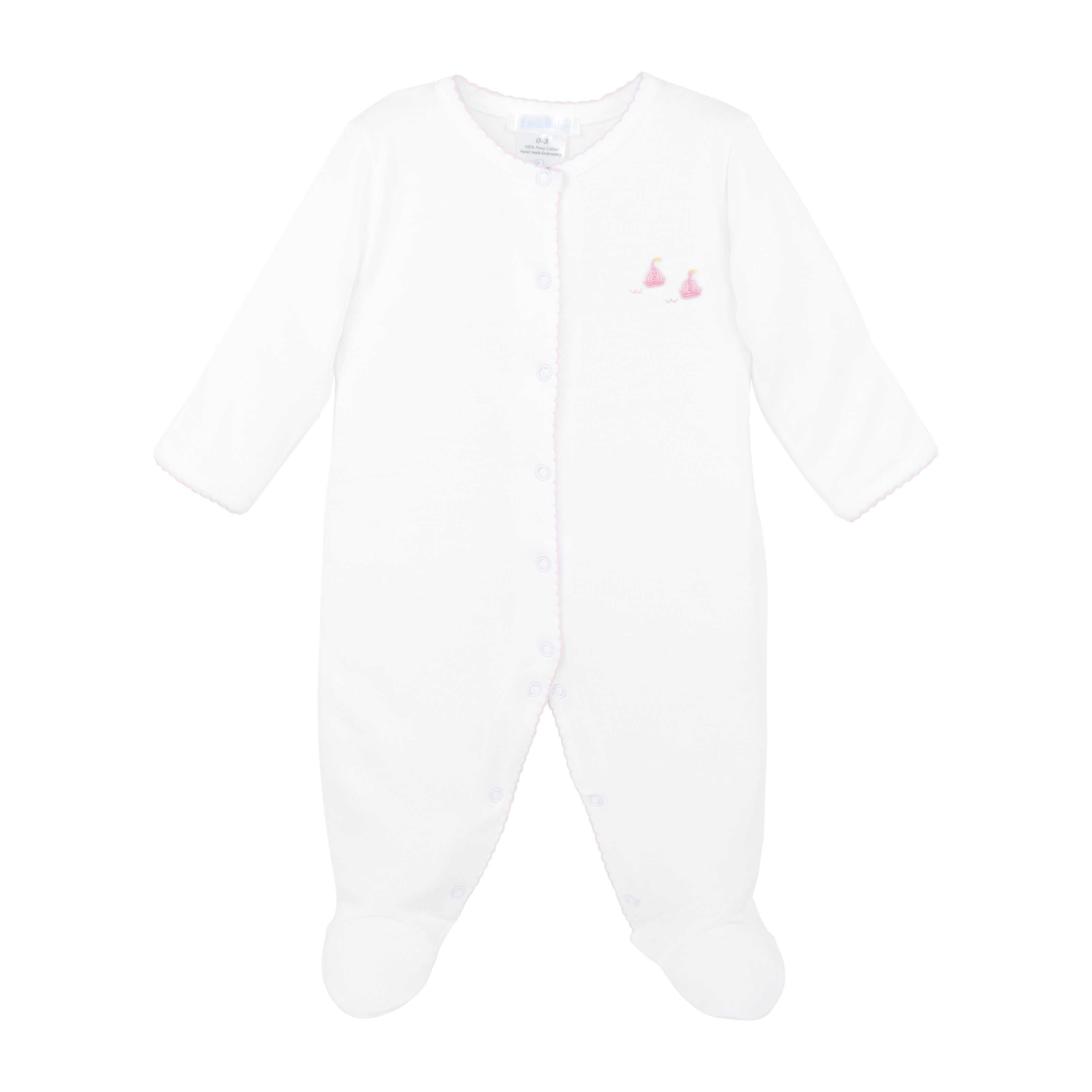 Baby girl footie in Peruvian Pima cotton with hand-embroidered sailboats — luxury baby clothes ideal for baby shower gift clothes.
