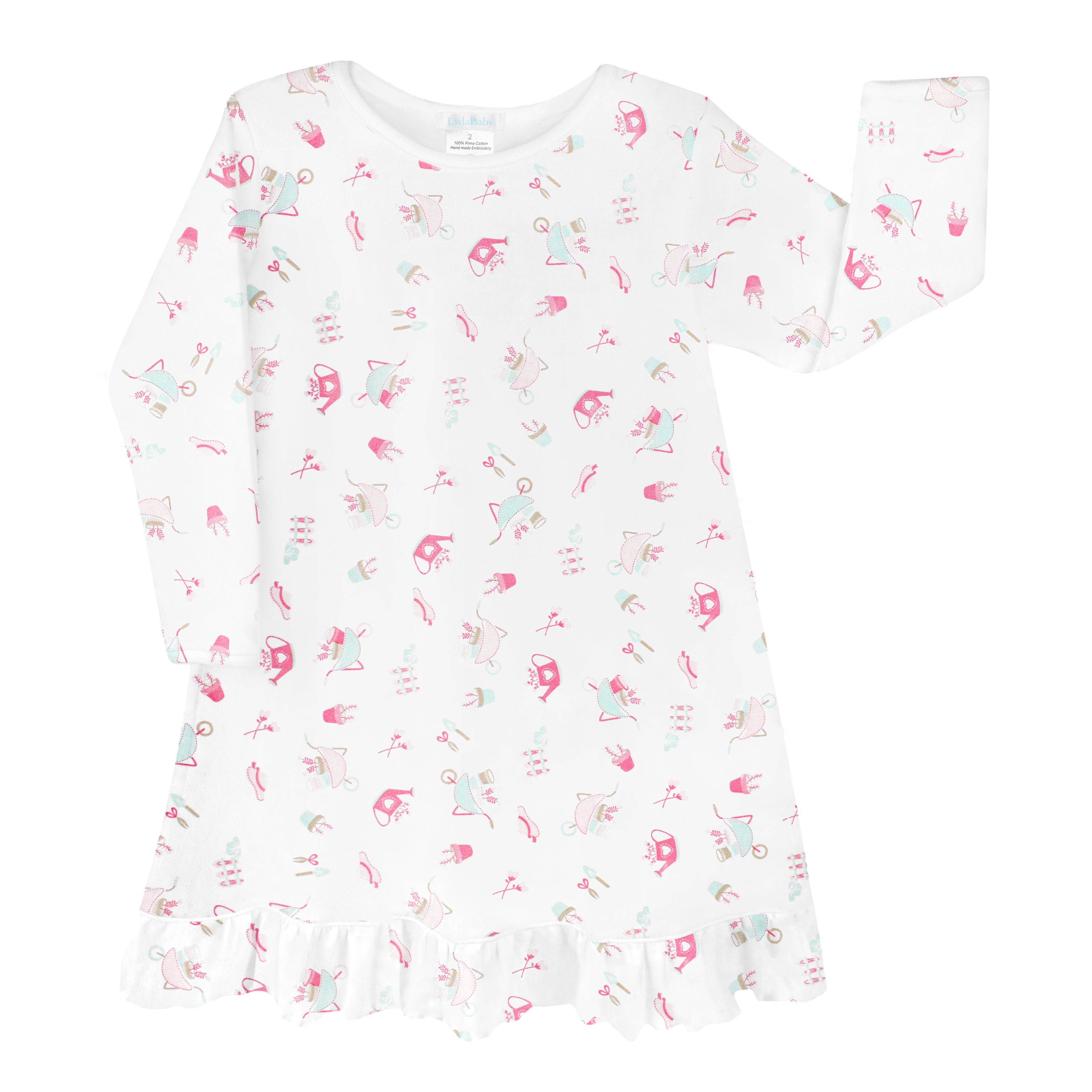 Breathable and gentle baby girl pajama dress crafted from 100% Peruvian Pima cotton featuring charming My Garden print — perfect for sensitive skin.