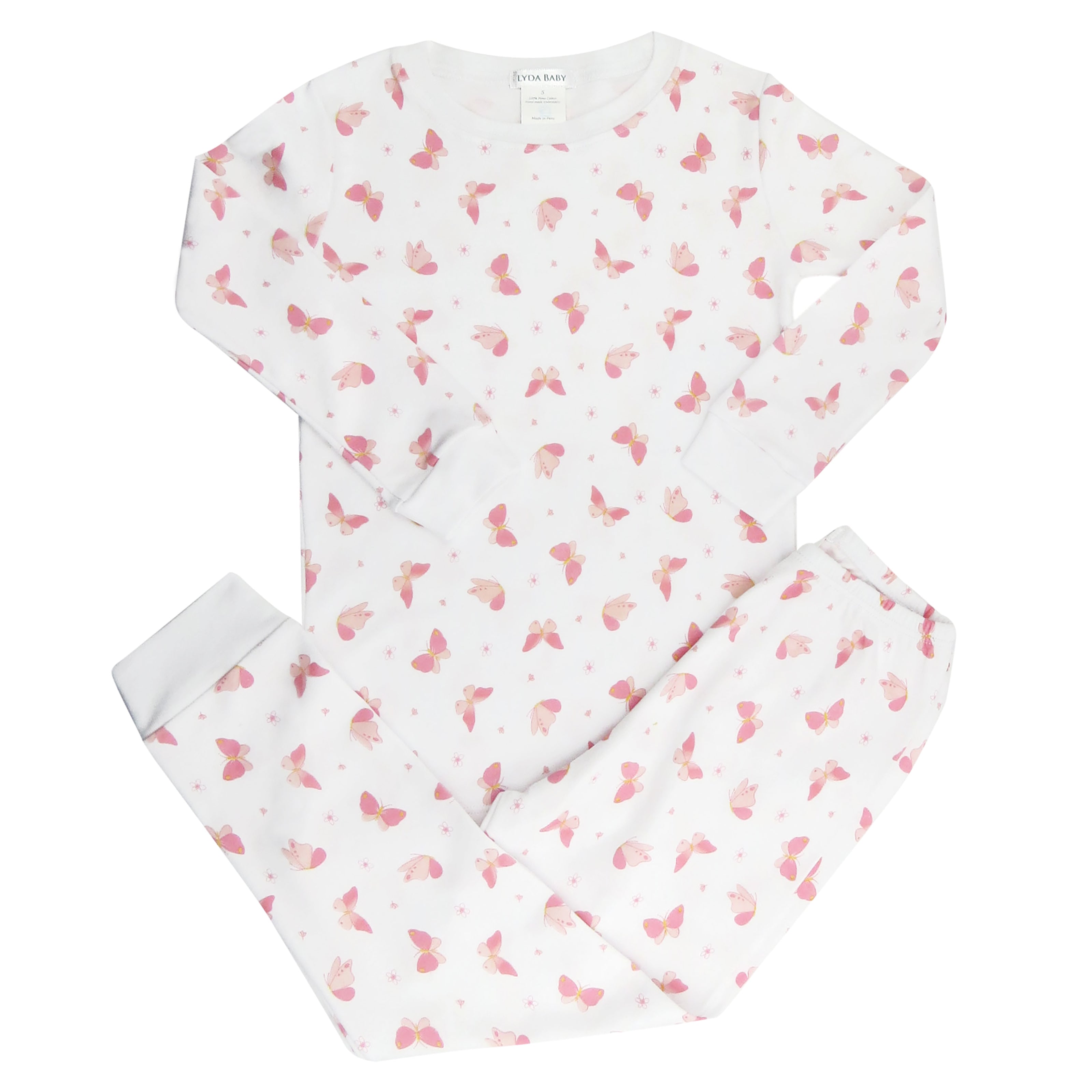 Soft baby girl pajama set in Peruvian Pima cotton with 'Butterflies' print — breathable and hypoallergenic luxury sleepwear from boutique baby clothing collections.