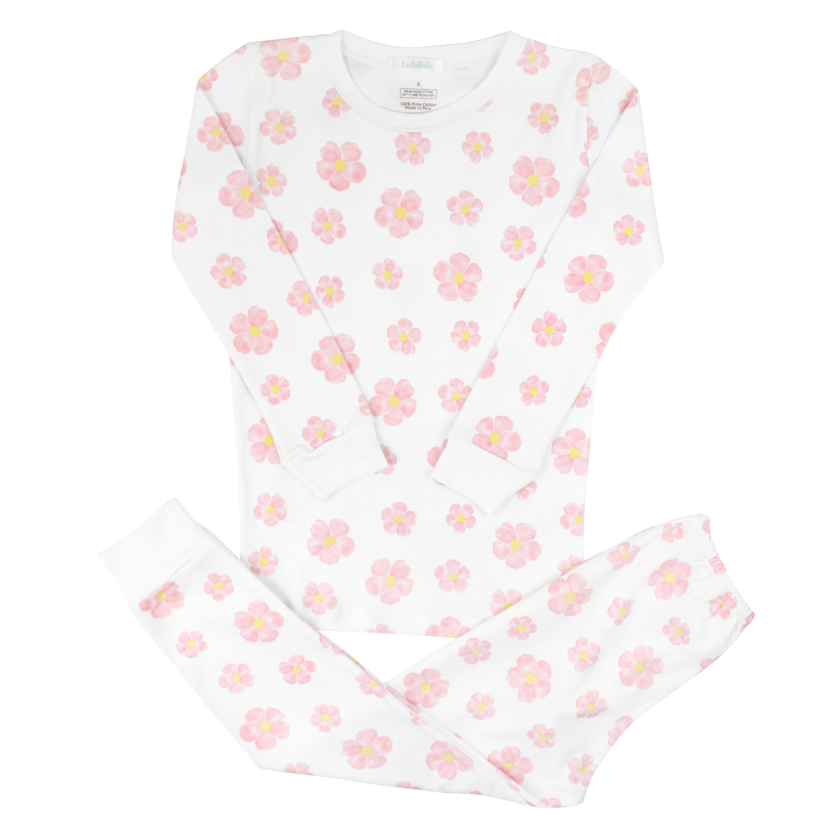 Soft baby girl pajama set in Peruvian Pima cotton with 'Sweet flowers' print — breathable and hypoallergenic luxury sleepwear from boutique baby clothing collections.