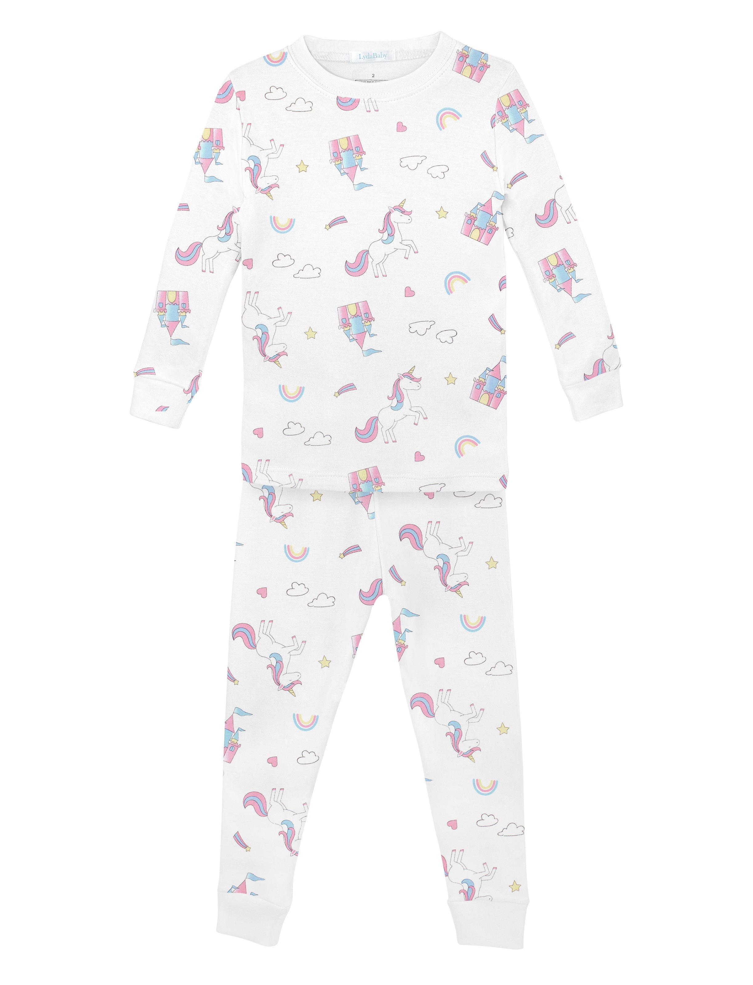 Soft baby girl pajama set in Peruvian Pima cotton with 'Unicorns and rainbows' print — breathable and hypoallergenic luxury sleepwear from boutique baby clothing collections.