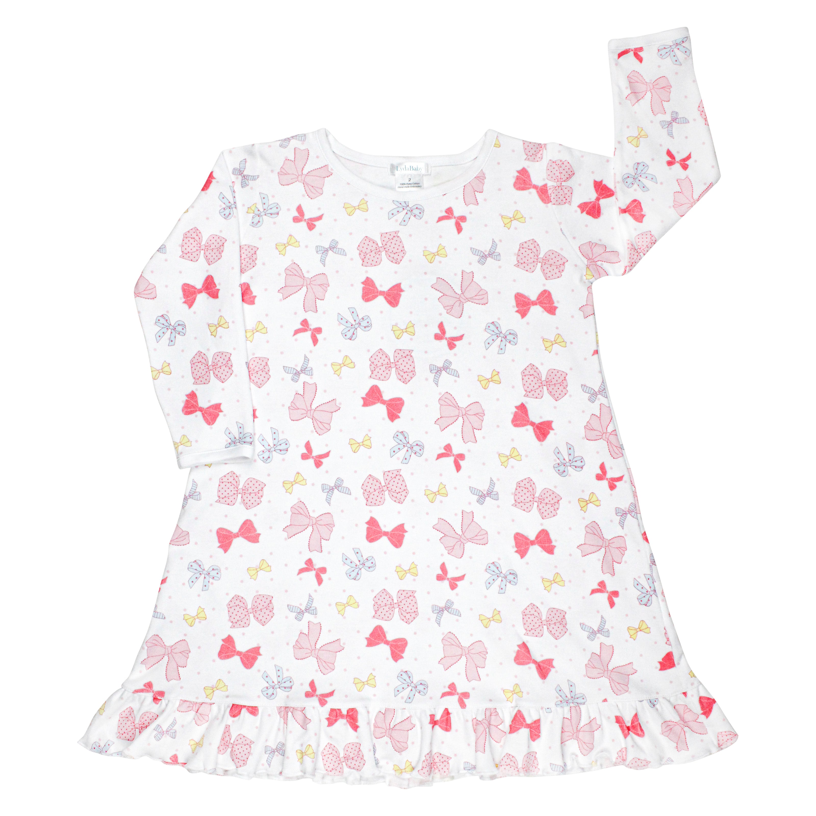 High-quality Peruvian Pima cotton baby girl sleep dress featuring an all bows print — designed for ultimate softness and breathability on delicate skin.